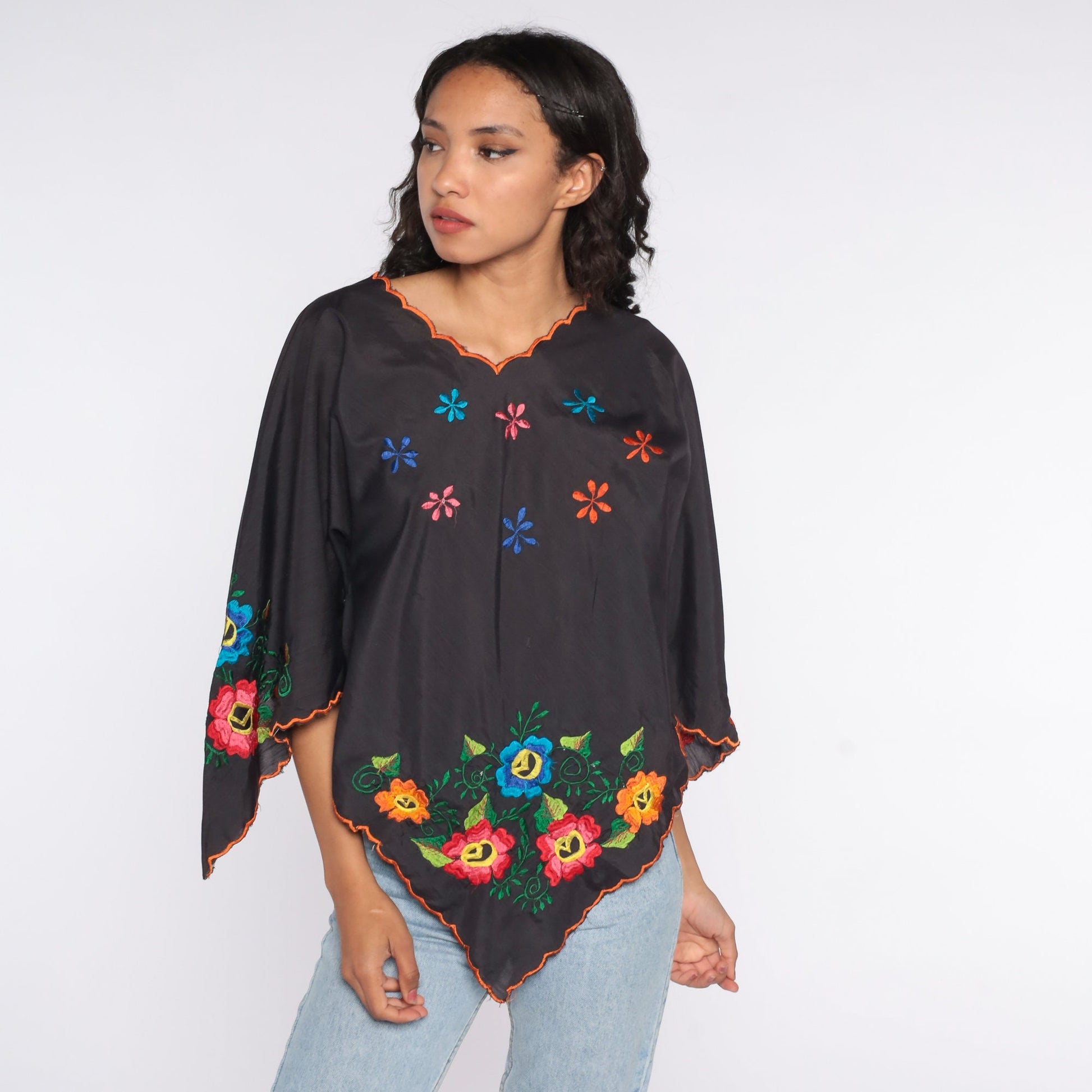 90s Black Floral Embroidered Bell Sleeve Tunic Top Small Medium