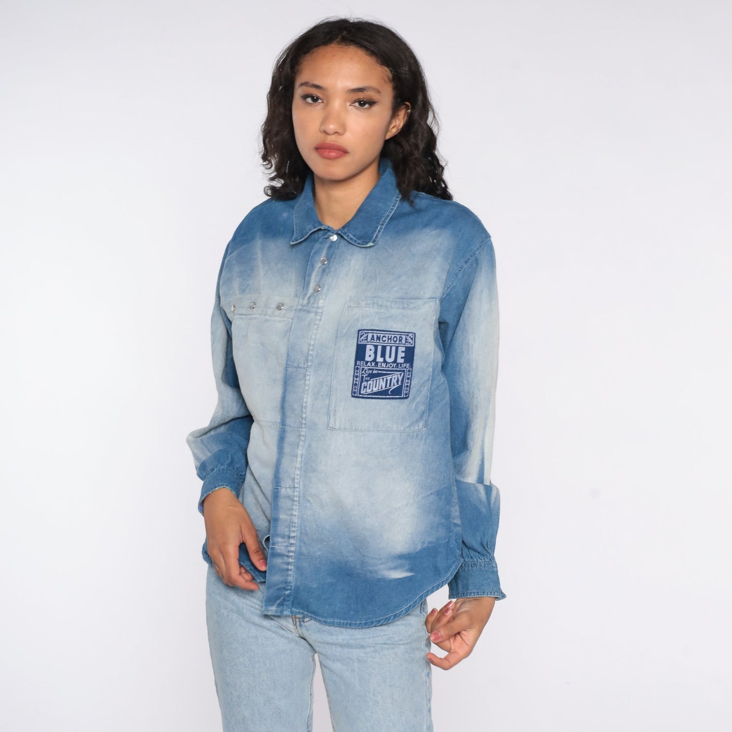 90s Anchor Blue Denim Pearl Snap Western Shirt Small