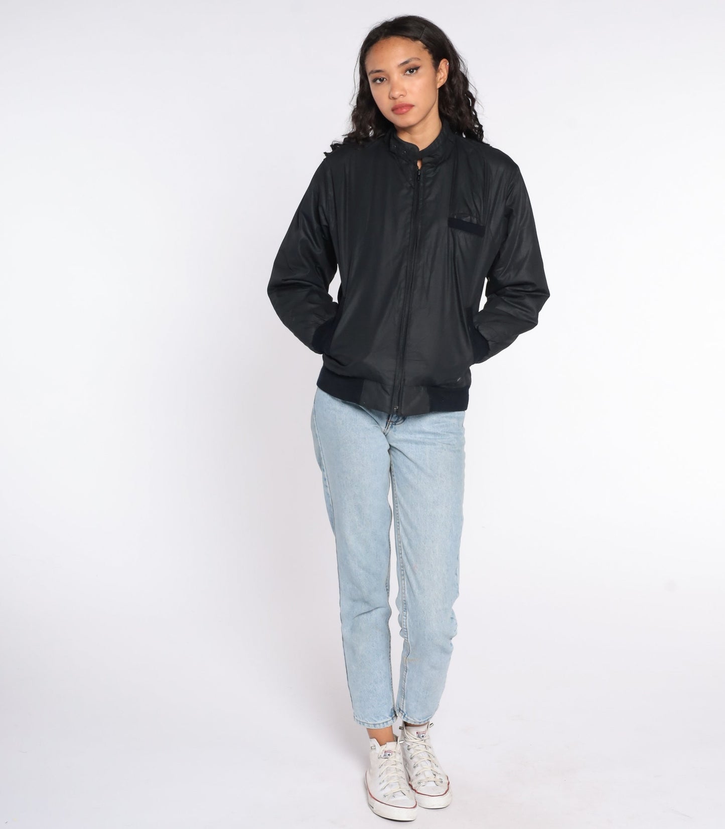 80s Black Bomber Jacket Epaulette Windbreaker Cafe Racer Small