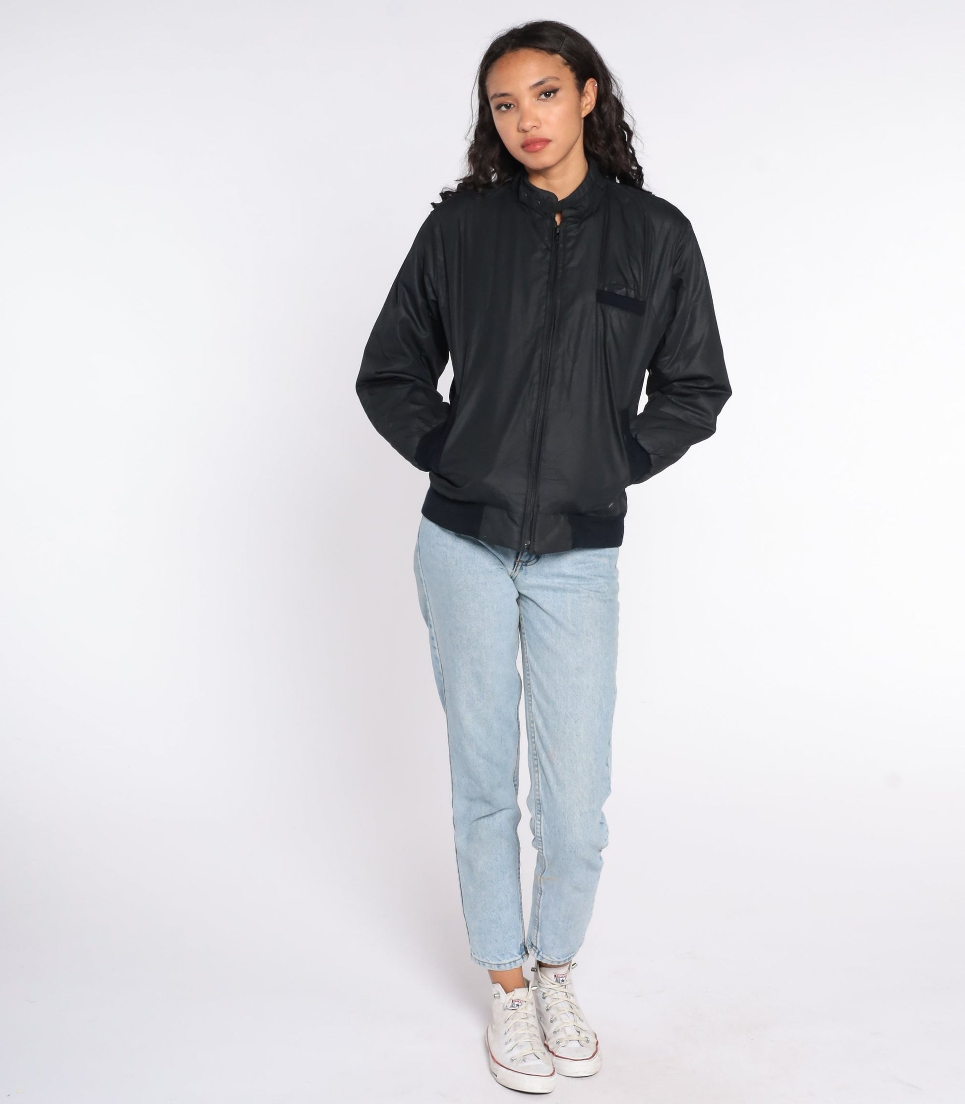 80s Black Bomber Jacket Epaulette Windbreaker Cafe Racer Small