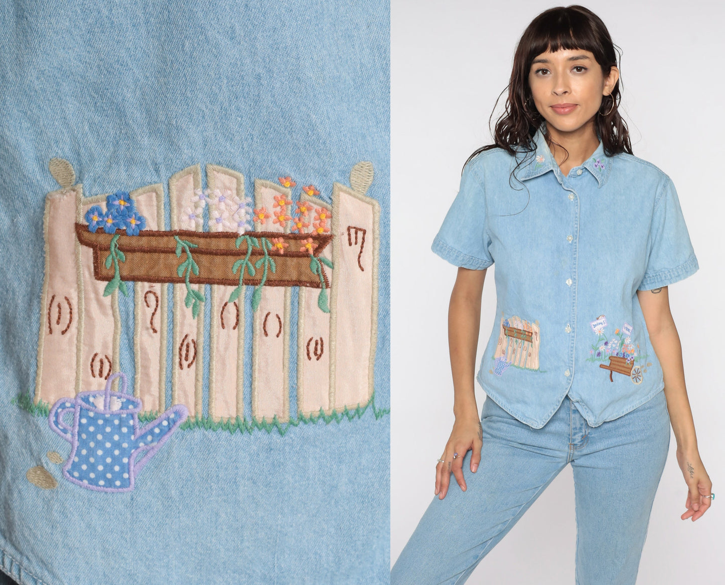 90s Bill Blass Floral Embroidered Denim Shirt Blue Cotton Button Down Medium