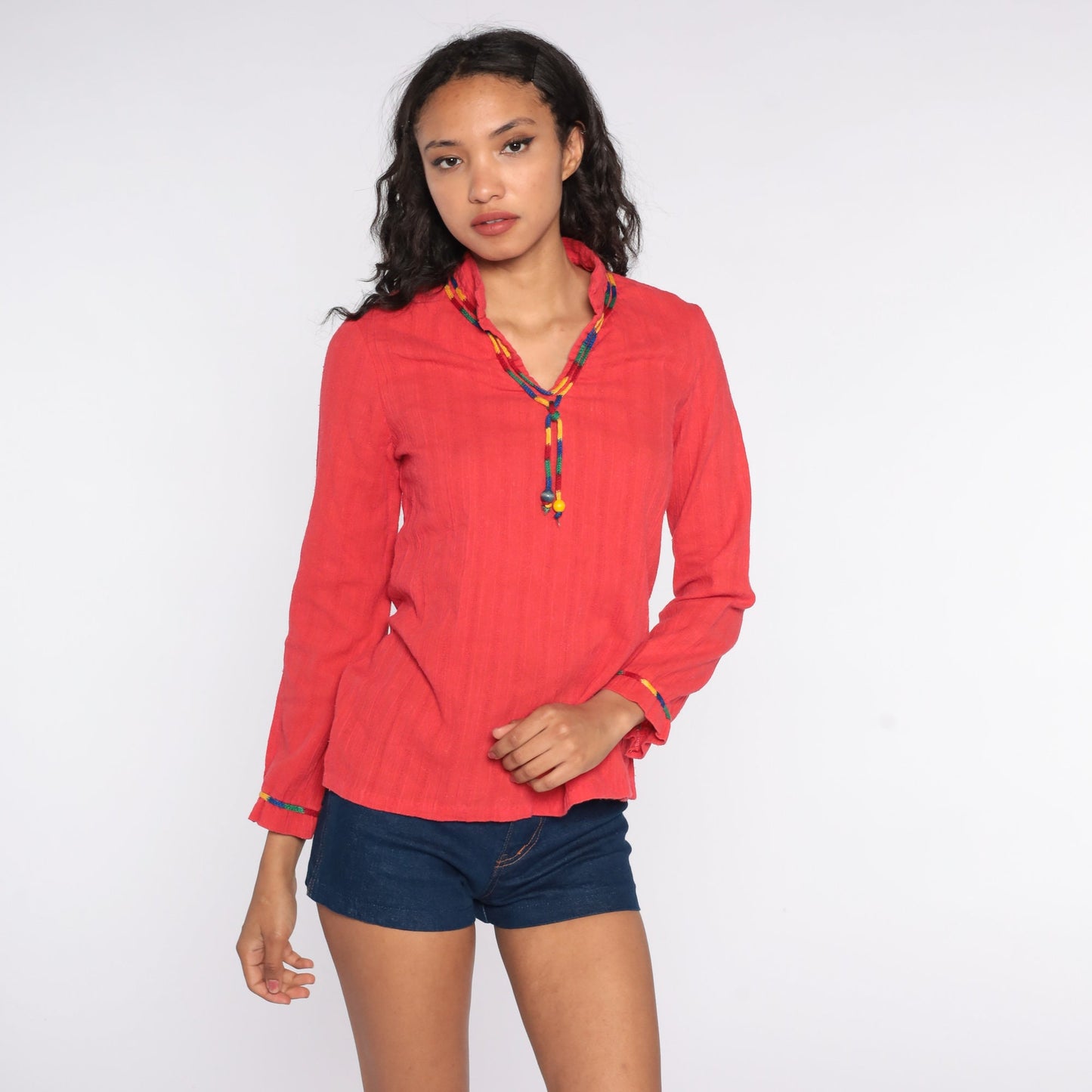70s Red Cotton Tunic Top V-Neck Long Sleeve Vintage Blouse Small