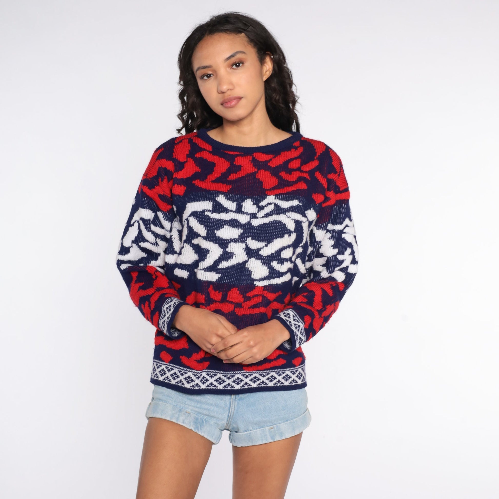 80s Abstract Print Knit Sweater Red White Blue Crewneck Medium