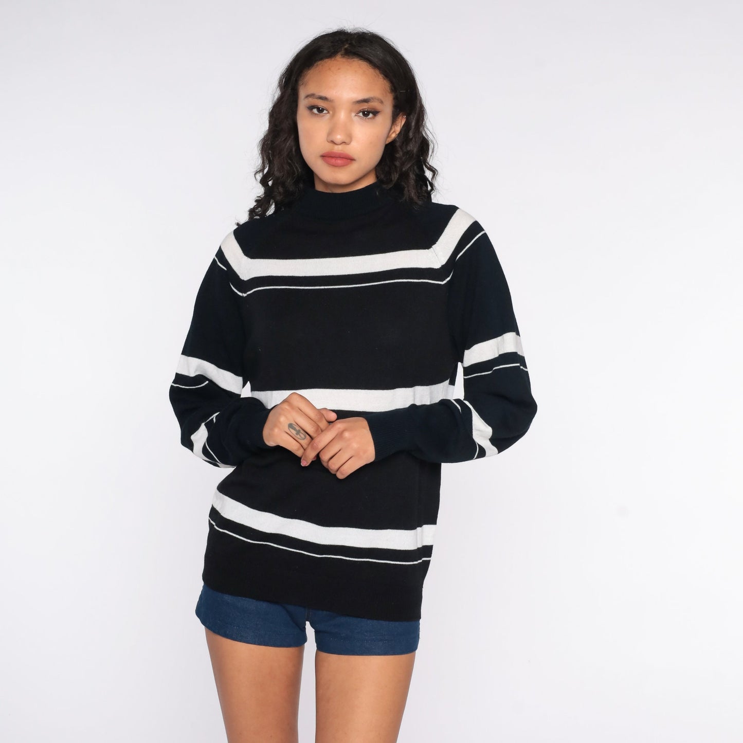 70s Black Striped Knit Sweater Mock Neck Pullover Large