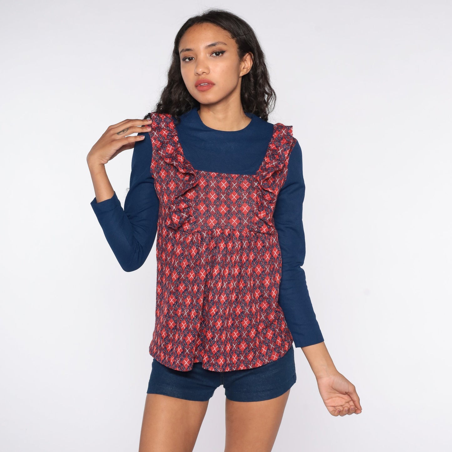 70s Plaid Babydoll Top Ruffled Long Sleeve Checkered Tunic Blue Red Medium