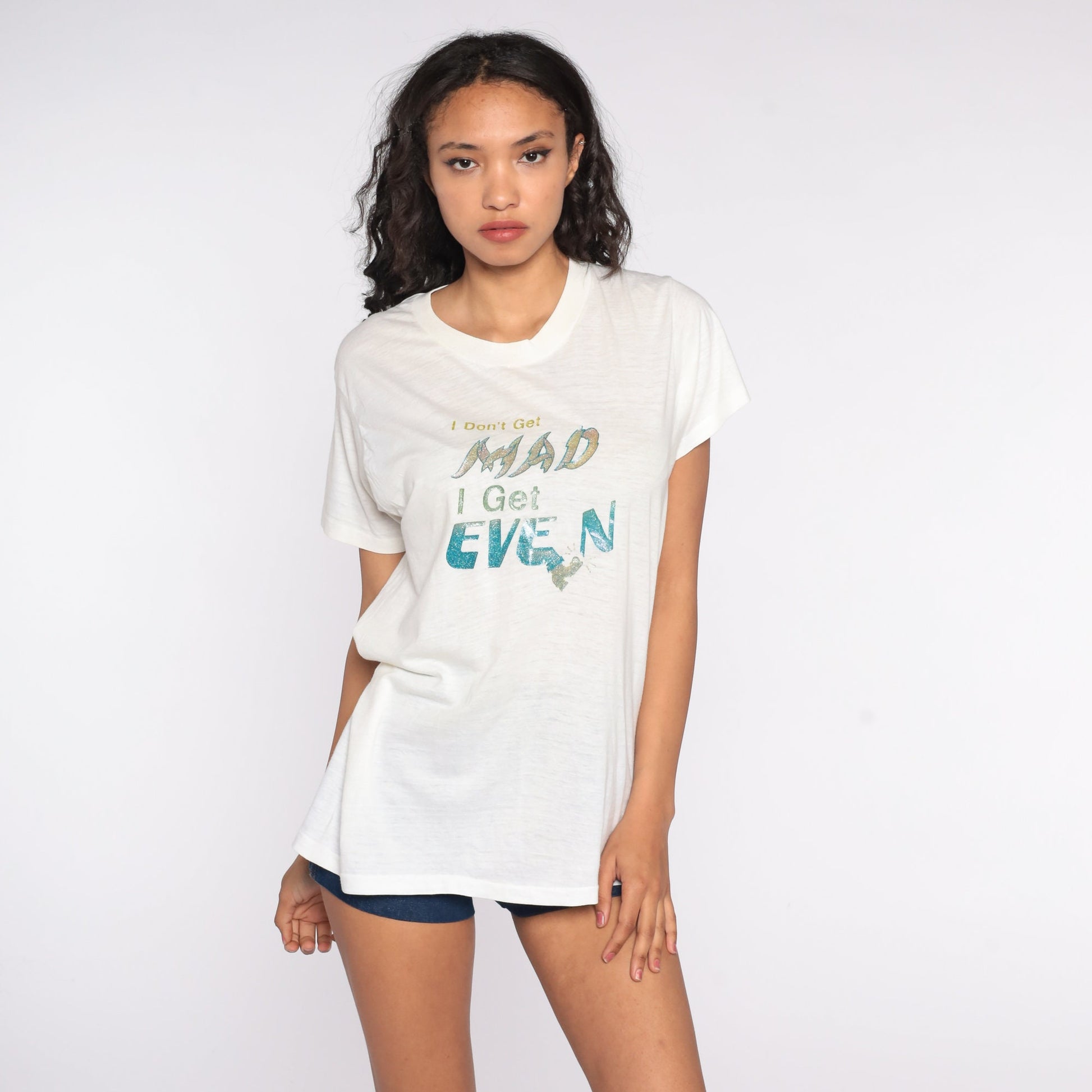 70s I Don't Get Mad I Get Even Iron On Graphic Tee Single Stitch Large