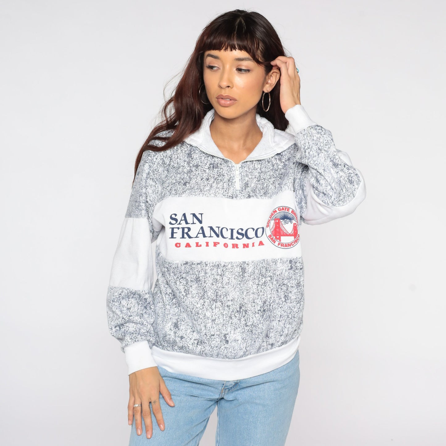 80s San Francisco Golden Gate Bridge Quarter Zip Sweatshirt Grey Large L