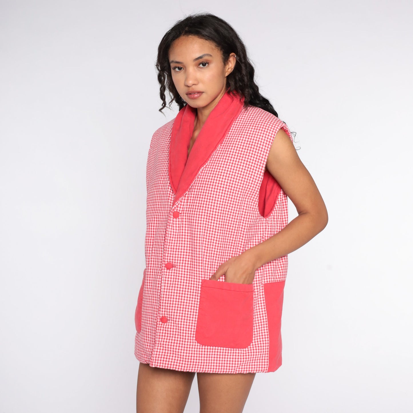 80s Cat Gingham Quilted Vest Red Checkered Button Up Extra Large XL