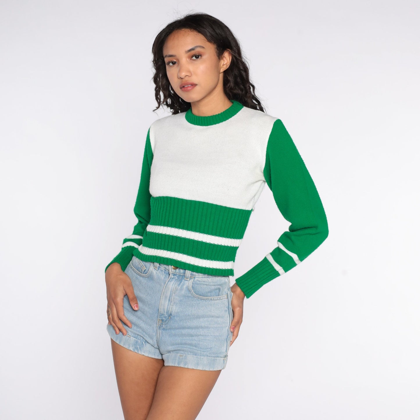 70s Striped Knit Sweater White Green Ringer Pullover Small