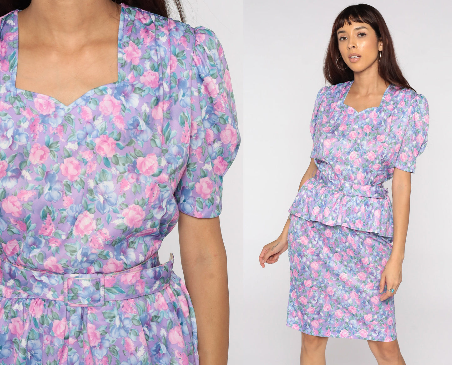 80s Purple Floral Peplum Dress Puff Sleeve Midi Pencil Wiggle Medium