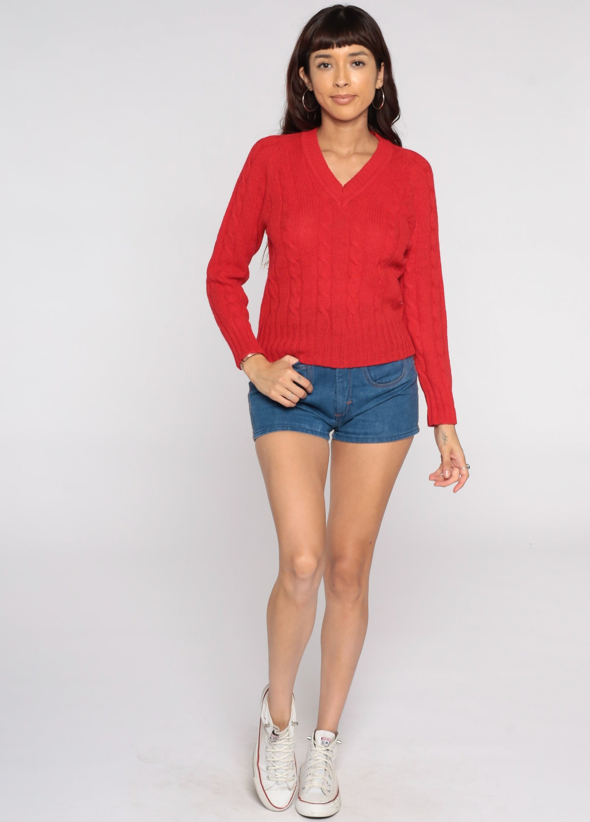 70s Red Wool Cable Knit Sweater Pullover Small Medium