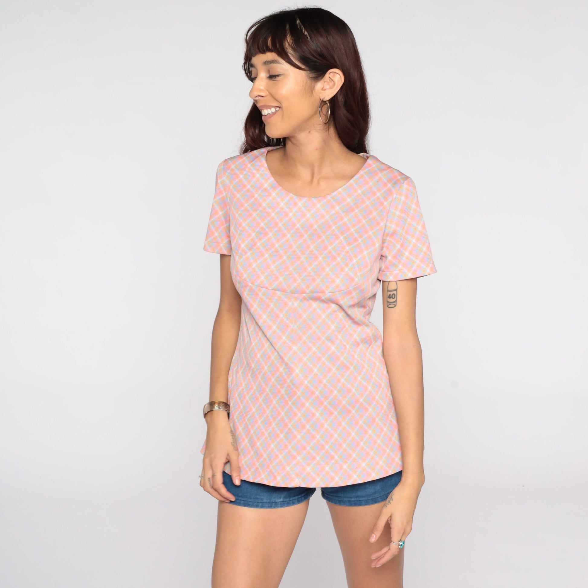 70s Pink Plaid Blouse Short Sleeve Checkered Vintage Shirt Small