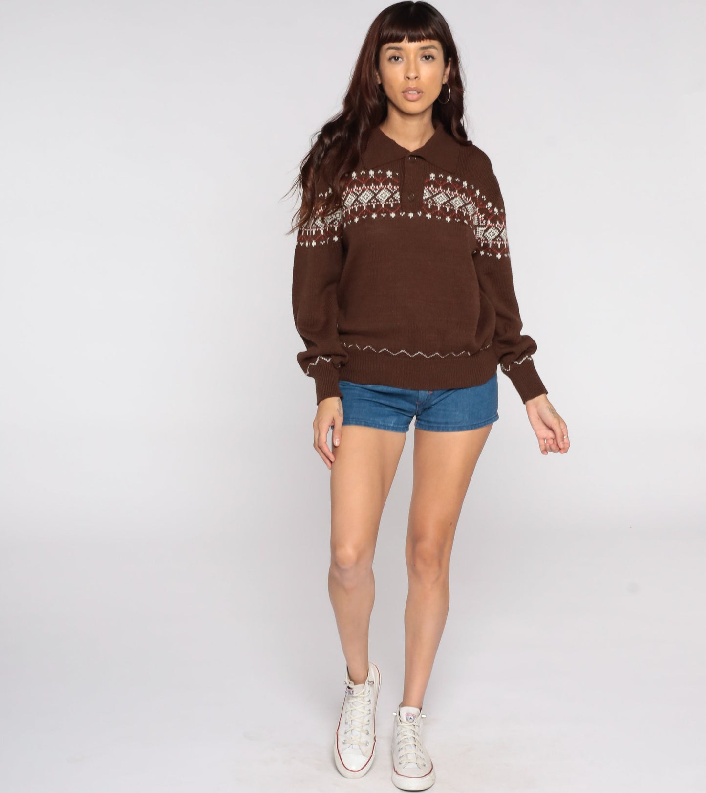 70s Fair Isle Sweater Brown Knit Geometric Pullover Medium
