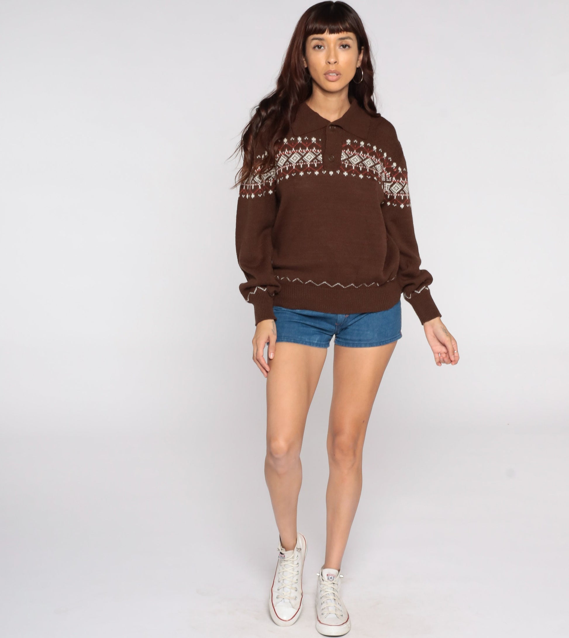 70s Fair Isle Sweater Brown Knit Geometric Pullover Medium
