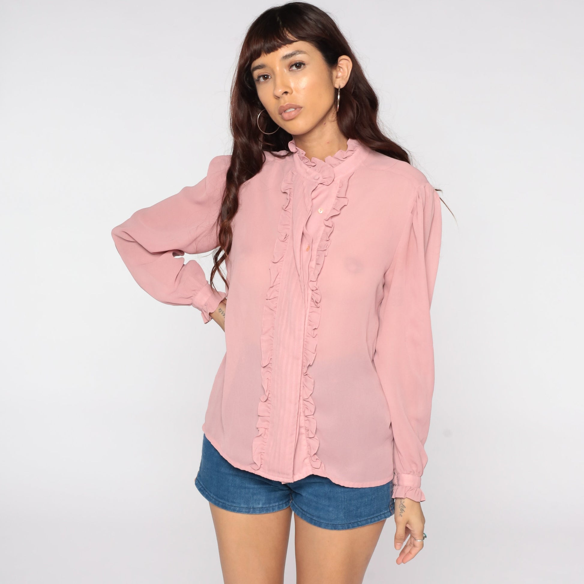 80s Pink Sheer Ruffle Tuxedo Blouse Puff Sleeve Button Up Medium