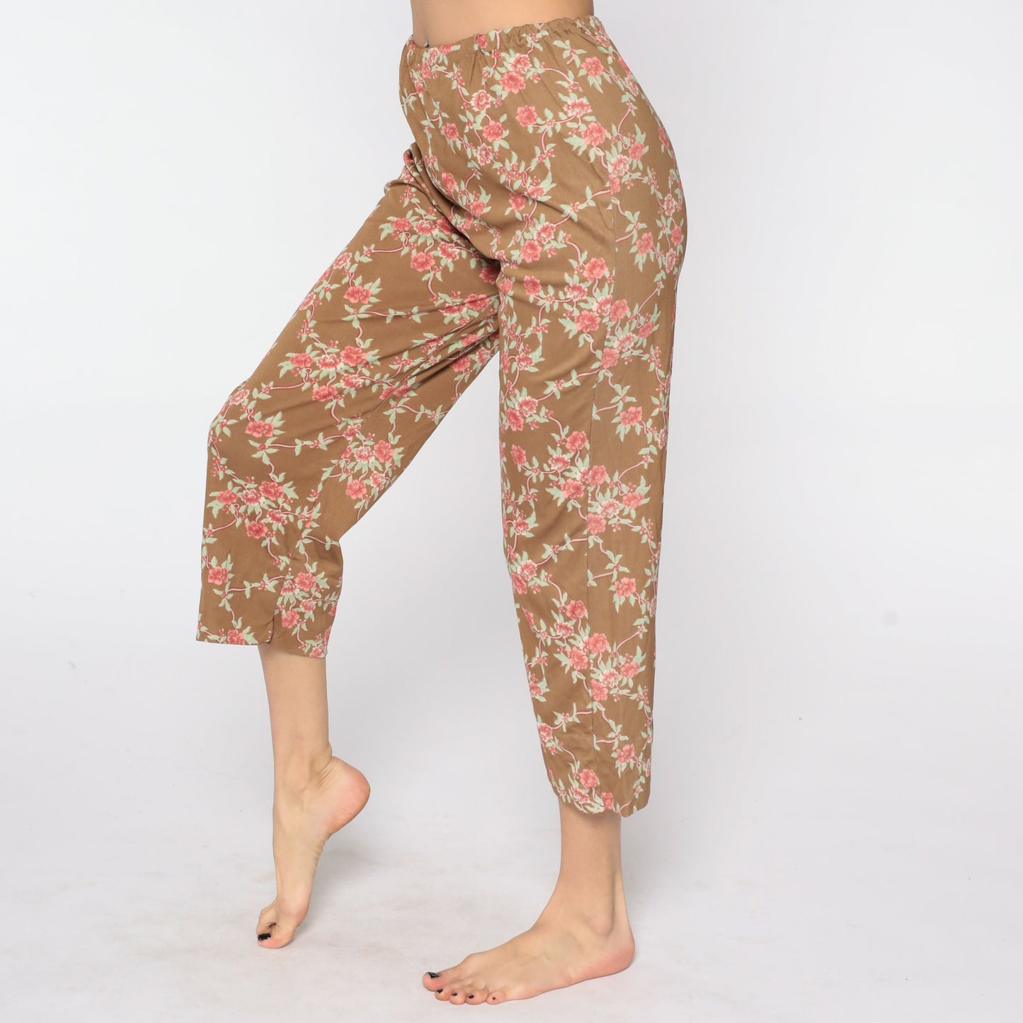 80s Floral Trousers Brown Pink Print High Waist Straight Leg Small