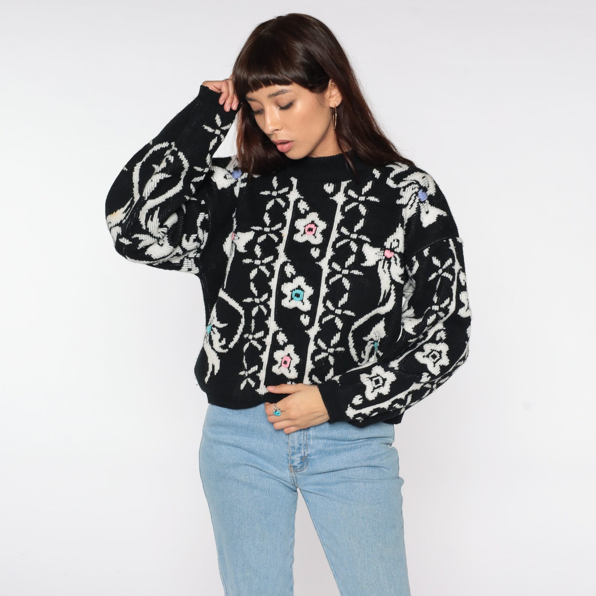 80s Black Floral Sweater White Print Pullover Knit Large