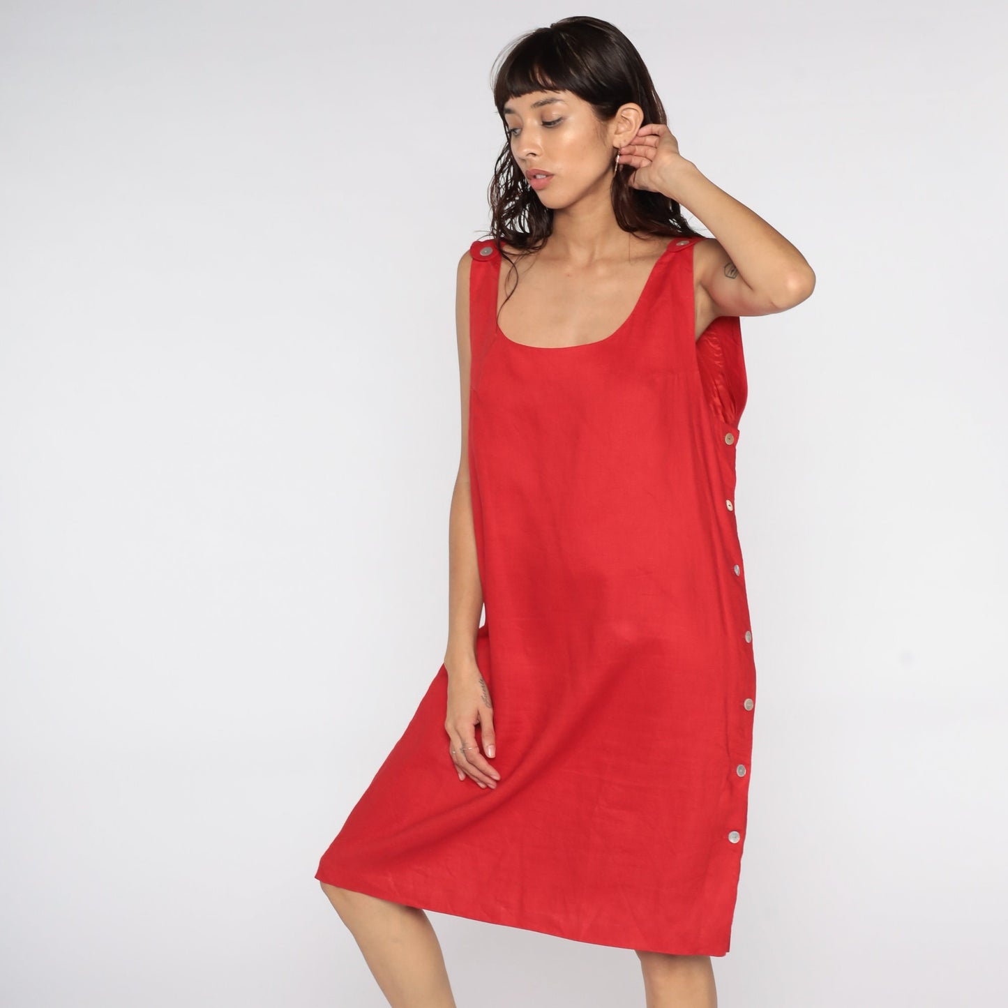 90s Rafaella Linen Jumper Dress Red Midi Sleeveless Button Side Medium