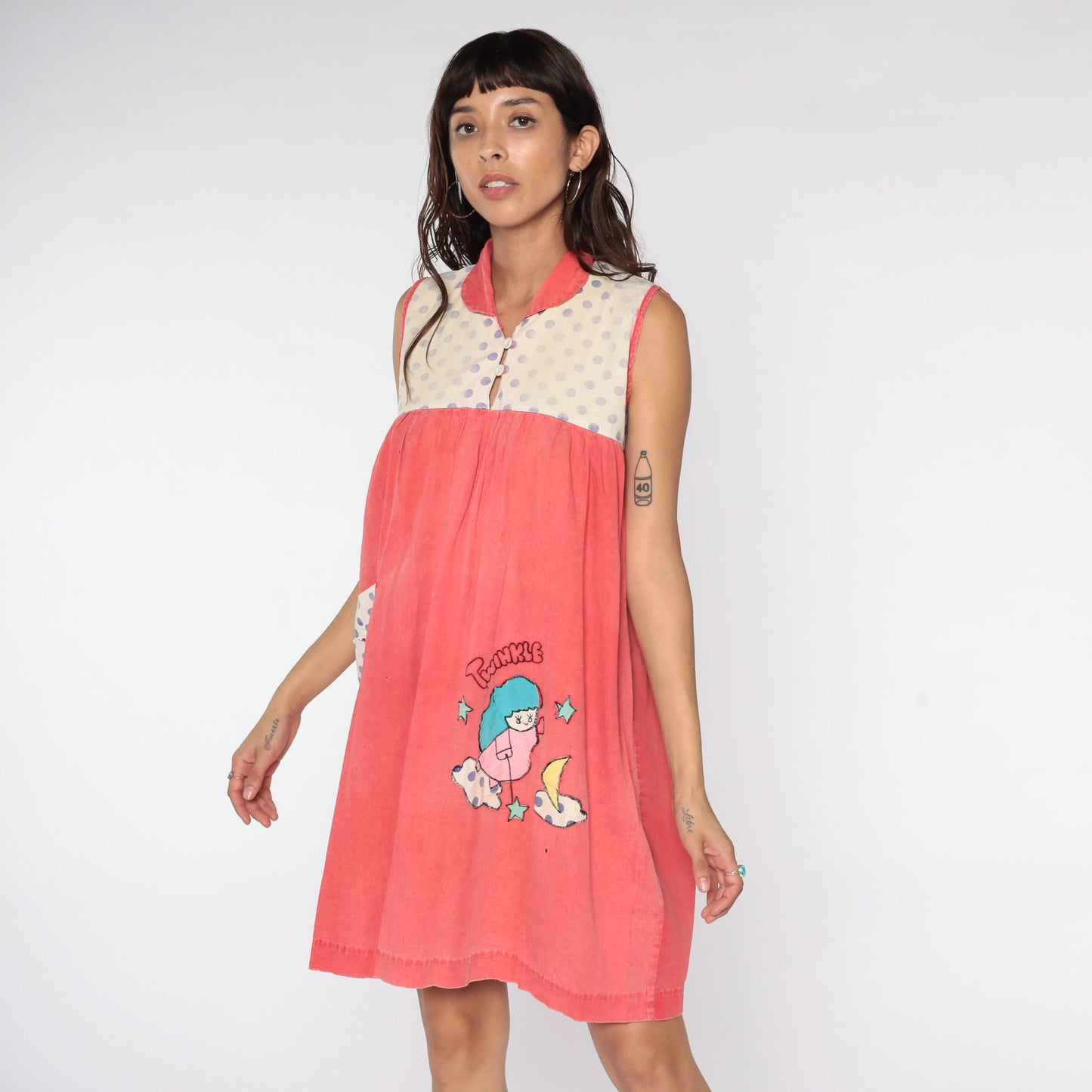 70s Red Pajama Dress Star Moon Embroidered Nightgown Medium