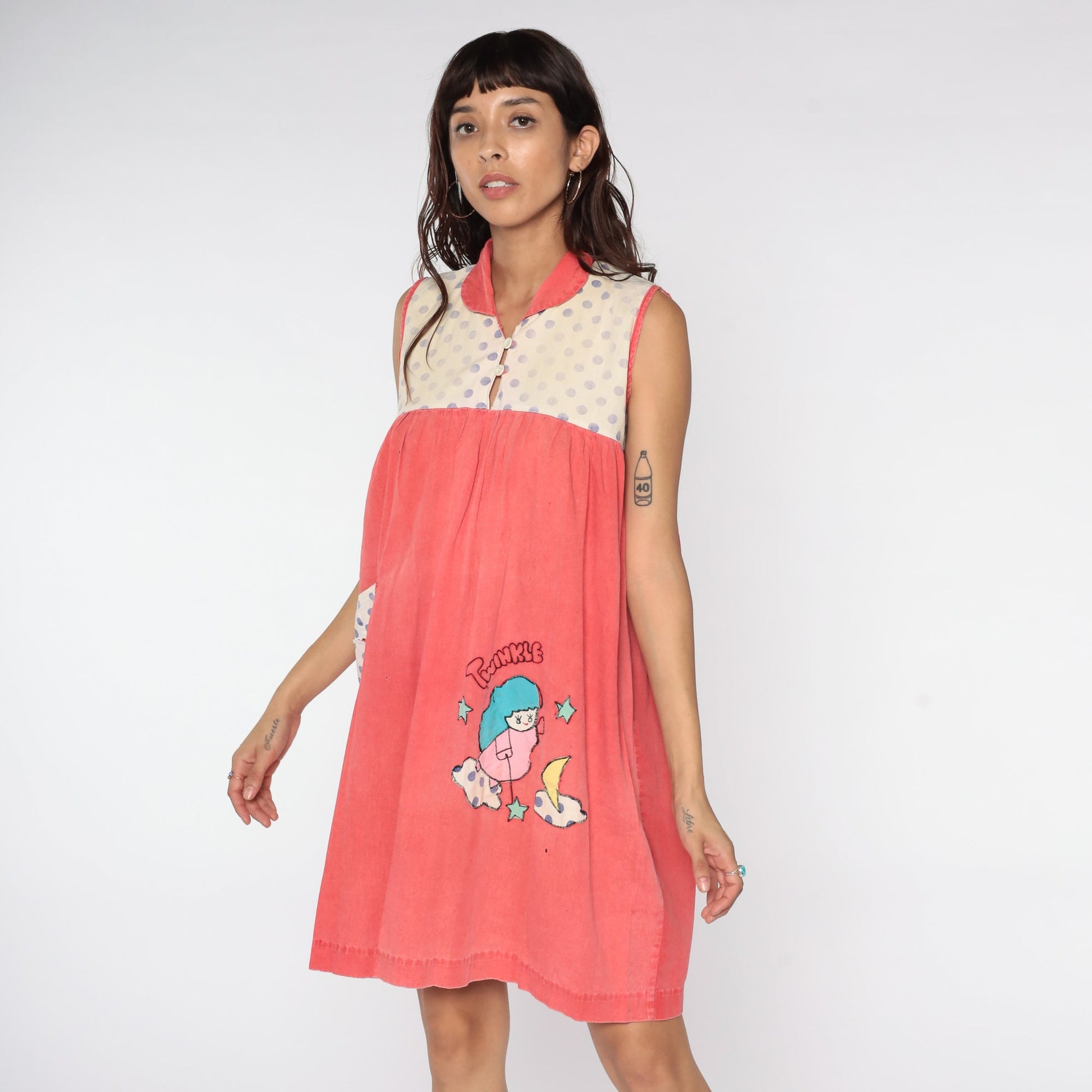 70s Red Pajama Dress Star Moon Embroidered Nightgown Medium