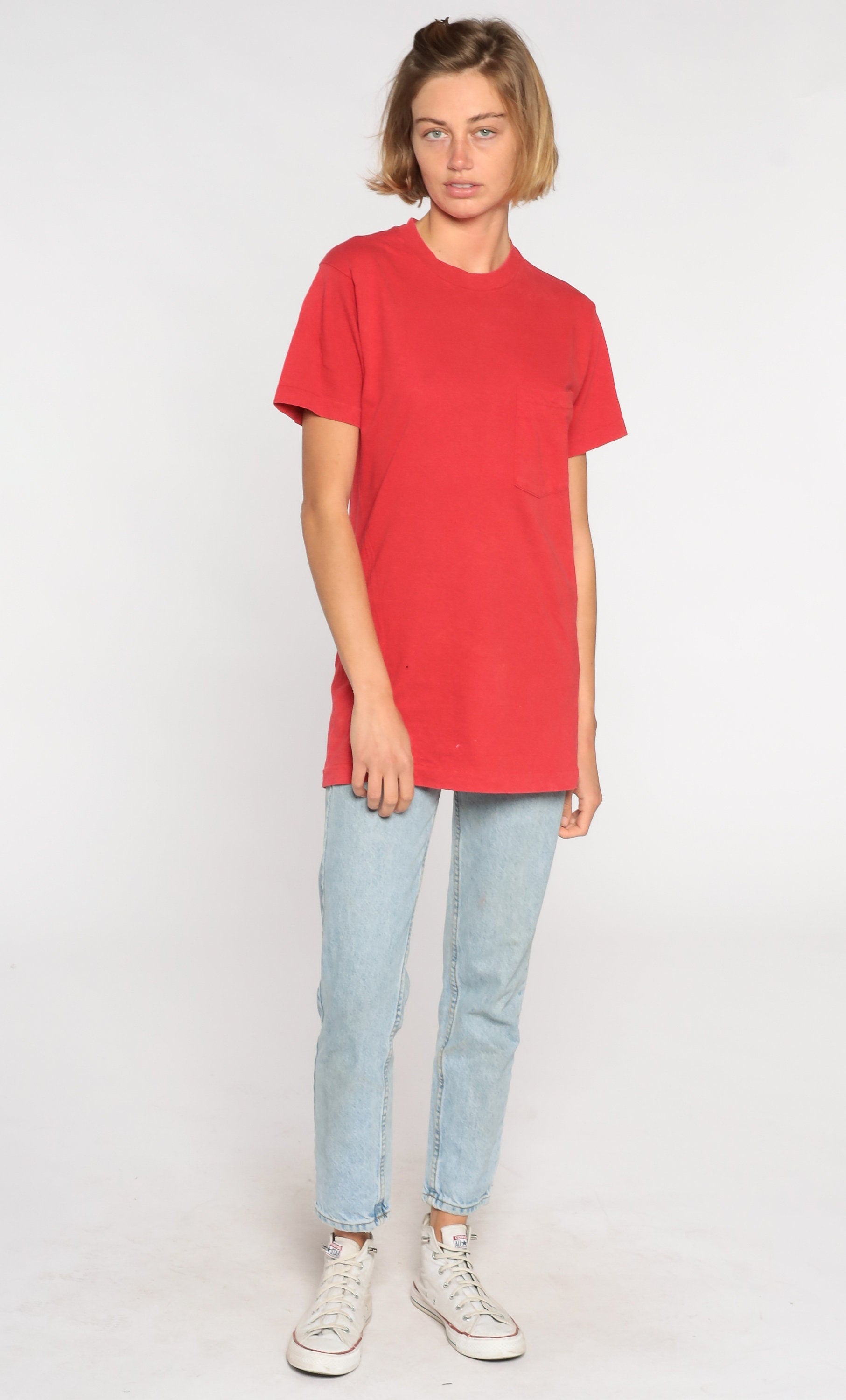 80s Red Cotton Pocket T-Shirt Plain Tee Small S