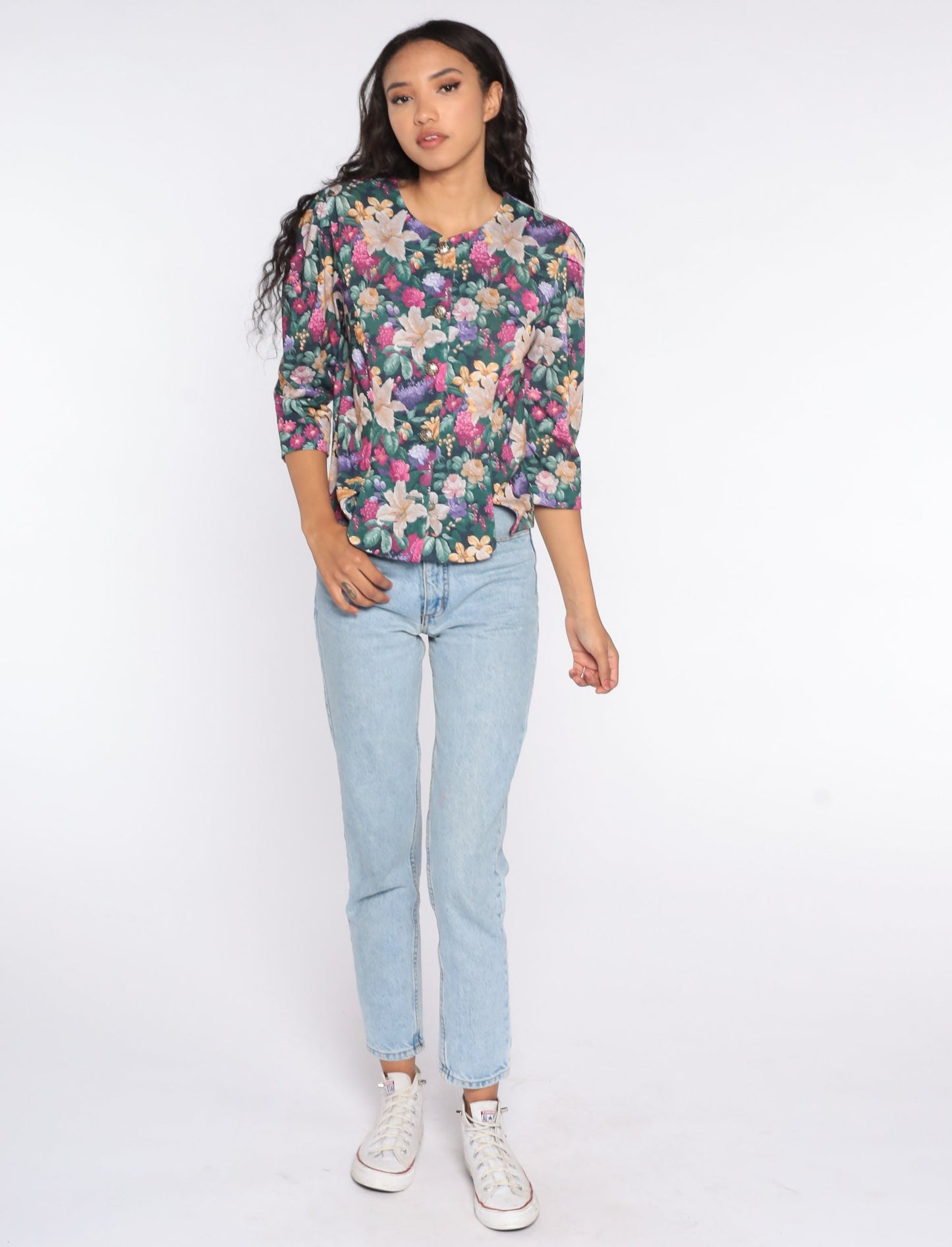 80s Floral Puff Sleeve Button-Up Blouse Polyester Medium