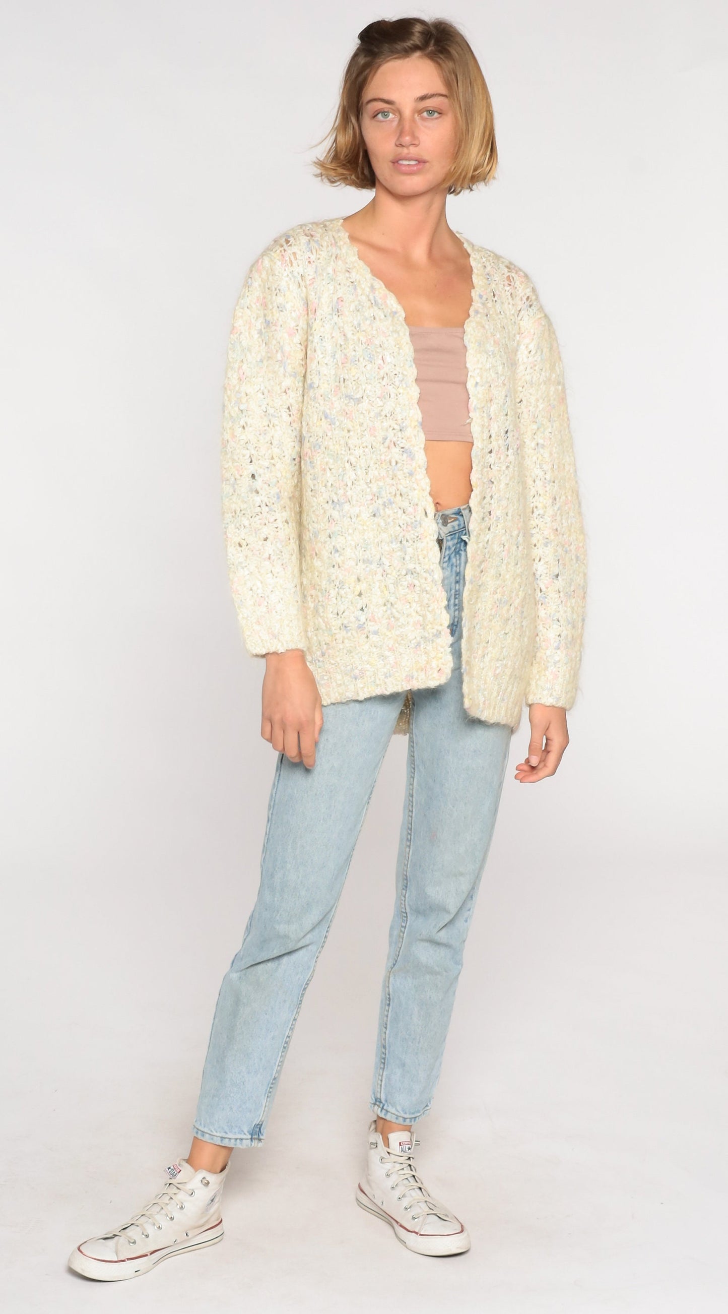 70s Cream Flecked Open Weave Cardigan Sweater Knit Medium Large