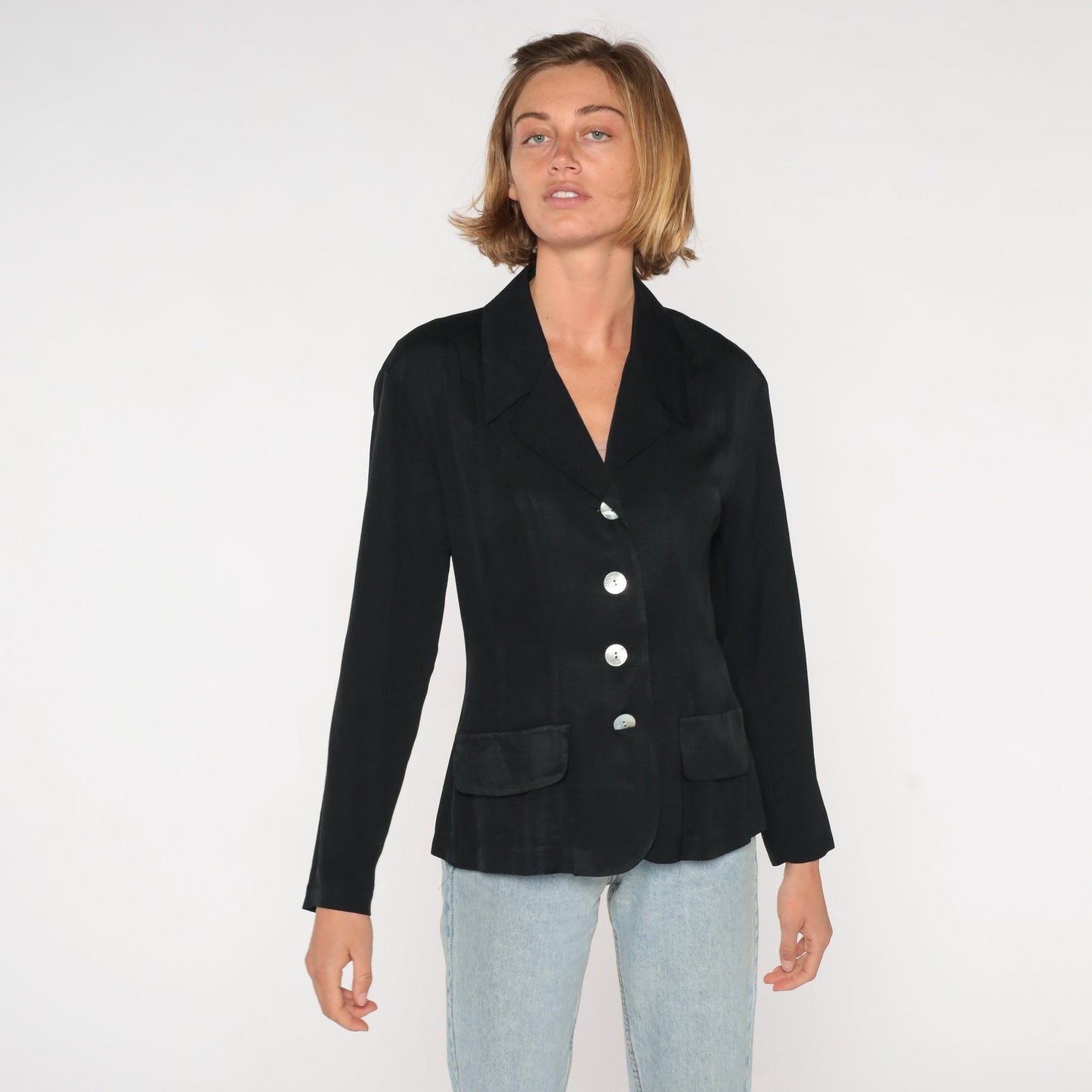 90s Black Blazer Four Button Structured Jacket Small S