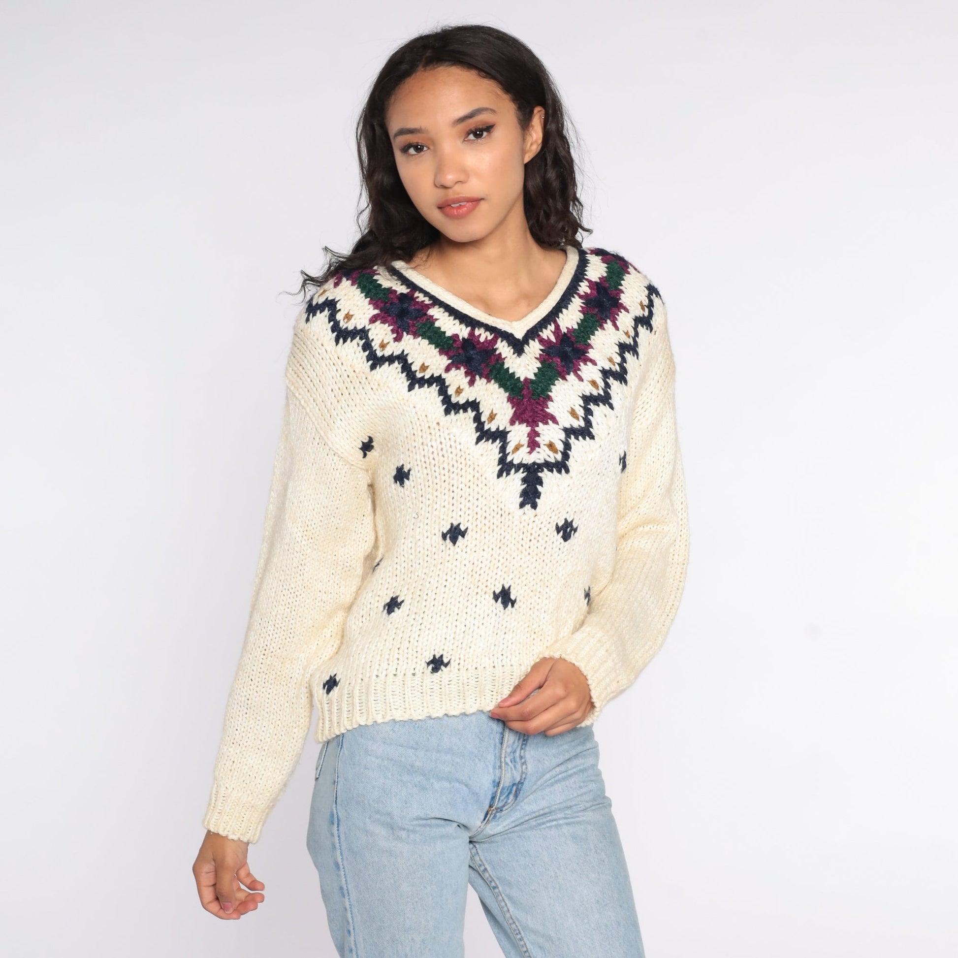 80s Cream Geometric V-Neck Sweater Knit Pullover Small