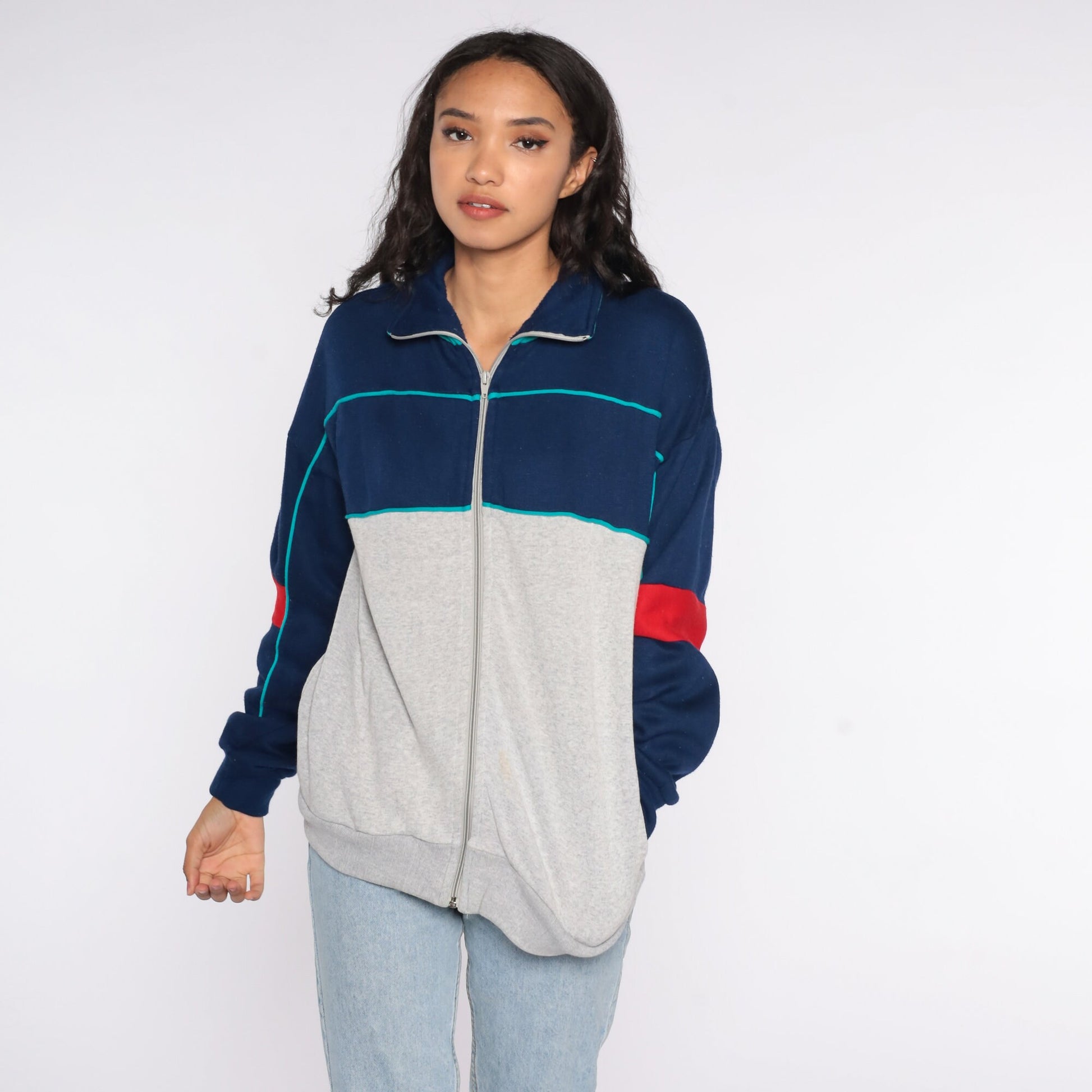 80s Track Jacket Blue Grey Zip Up Sweatshirt Medium