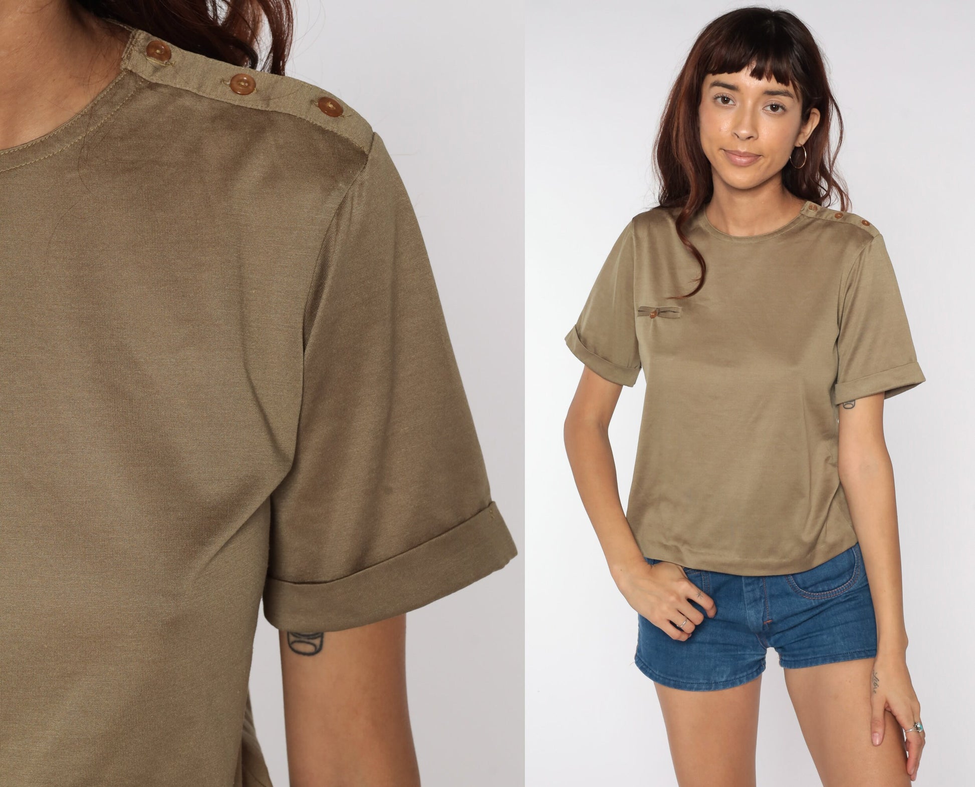 80s Brown Cotton T-Shirt Cuffed Sleeves Pocket Tee Small Medium