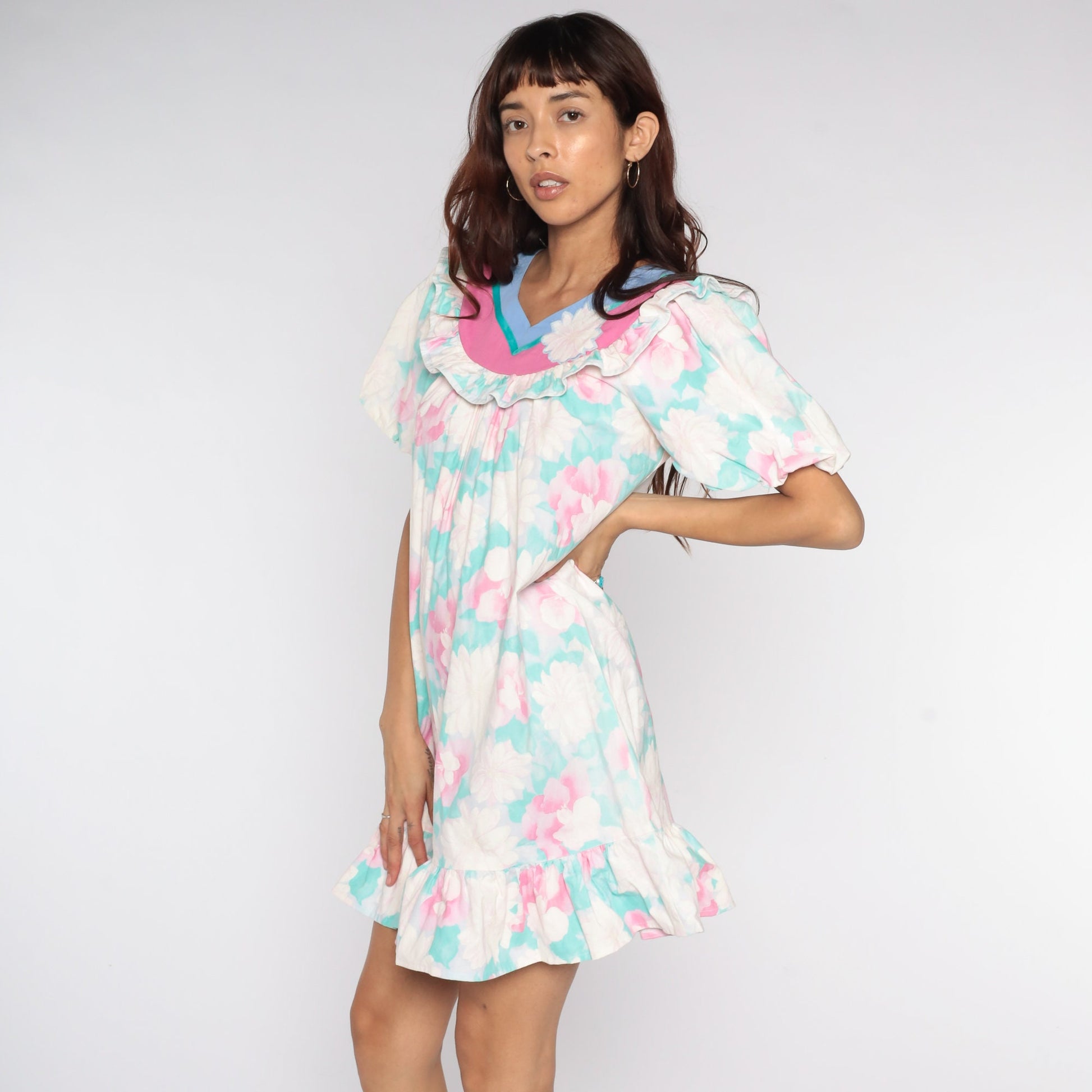 80s Floral Mini Dress Puff Sleeve Tent Cut White Pink Green Medium