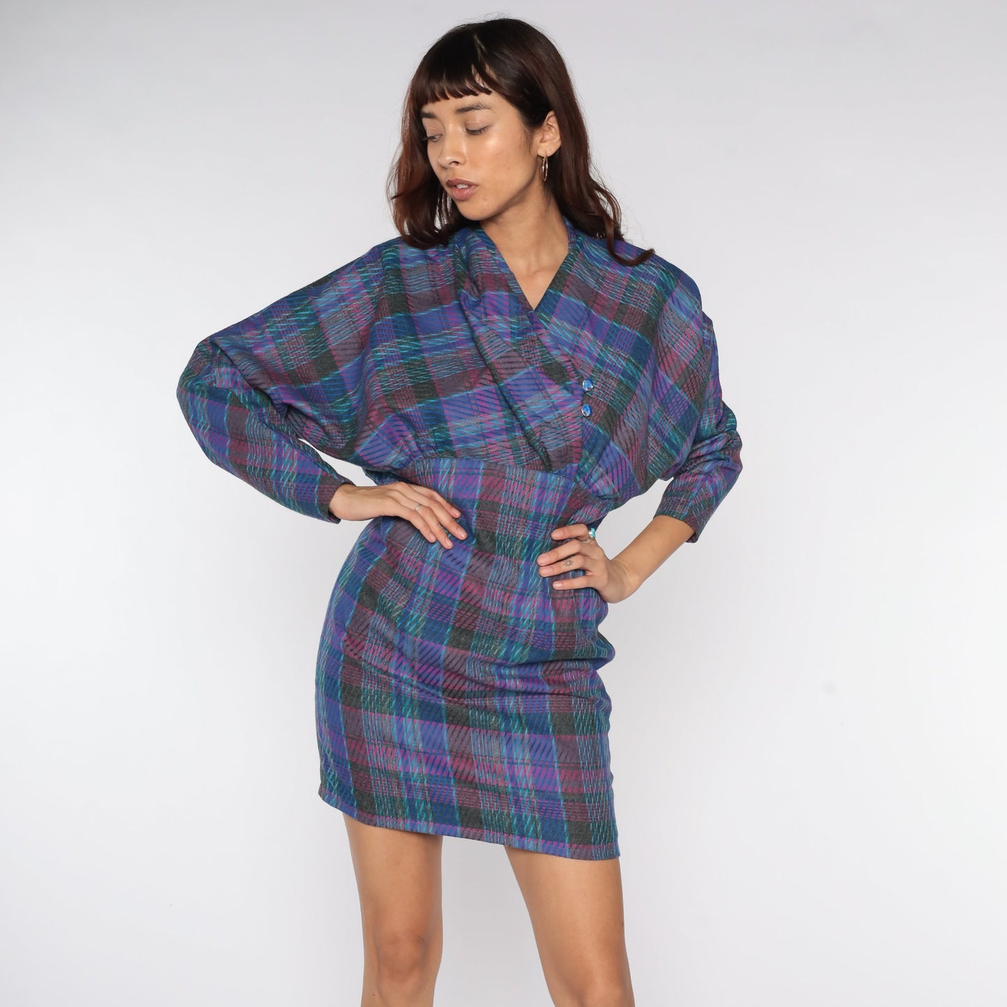1970s Purple Plaid Mini Dress V-Neck Dolman Sleeve Pencil Skirt Medium