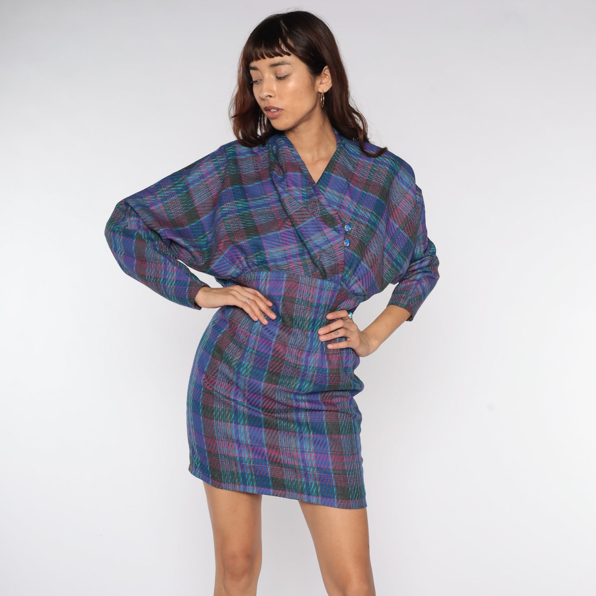 1970s Purple Plaid Mini Dress V-Neck Dolman Sleeve Pencil Skirt Medium
