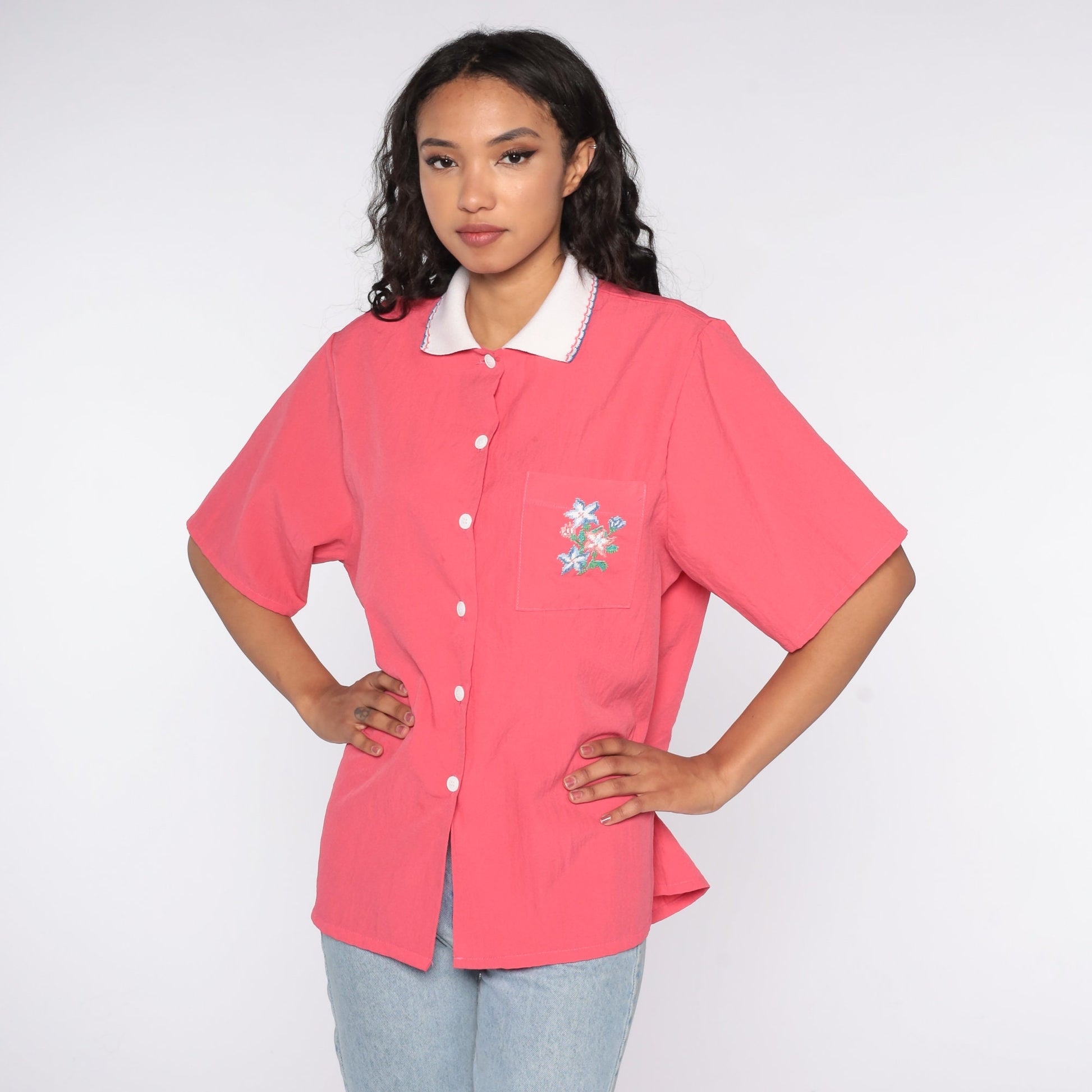 90s Bonworth Floral Button Up Blouse Pink Pocket Shirt Extra Large