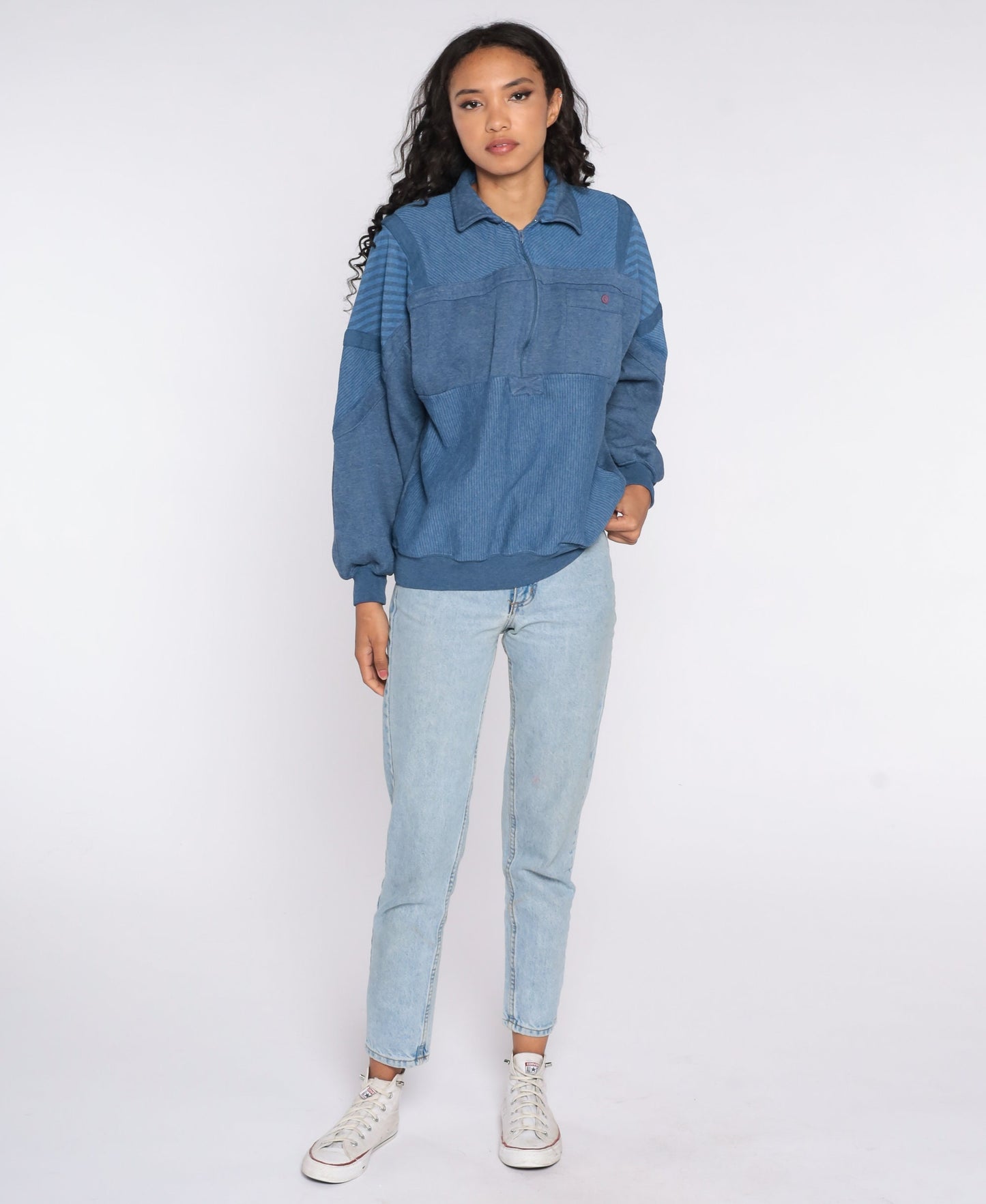 80s Striped Quarter Zip Sweatshirt White Blue Yellow Drawstring Large