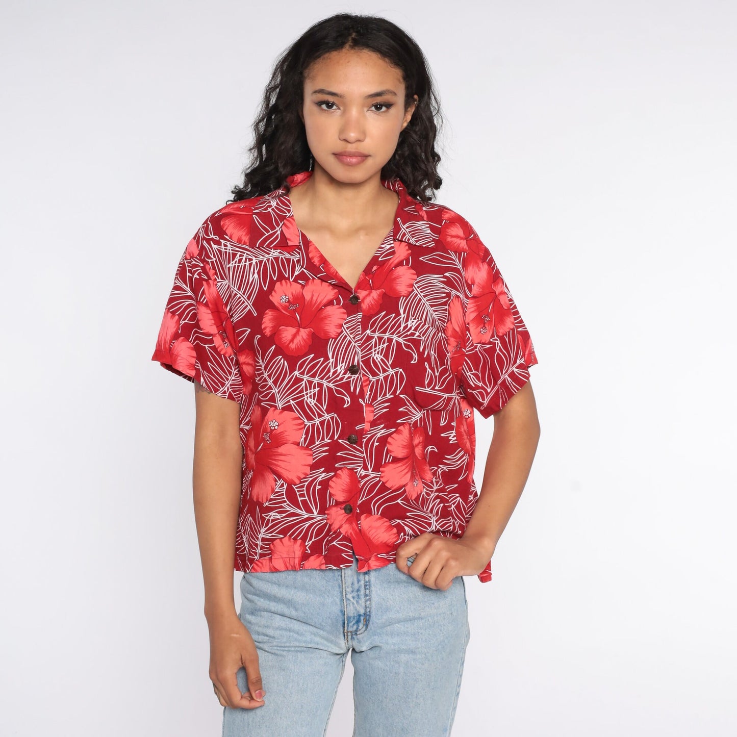 80s Red Hawaiian Floral Shirt Button Up Tropical Blouse Large L