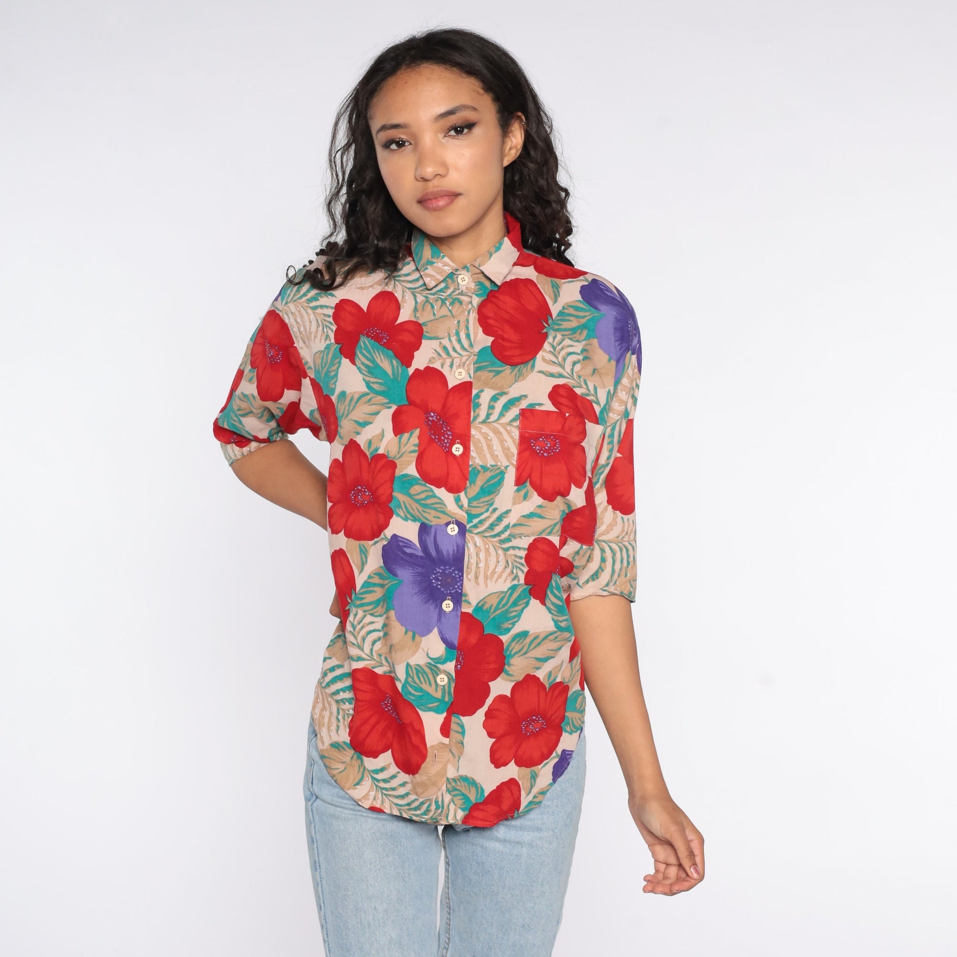 90s Floral Rayon Button-Up Blouse Taupe Red Flower Print Small