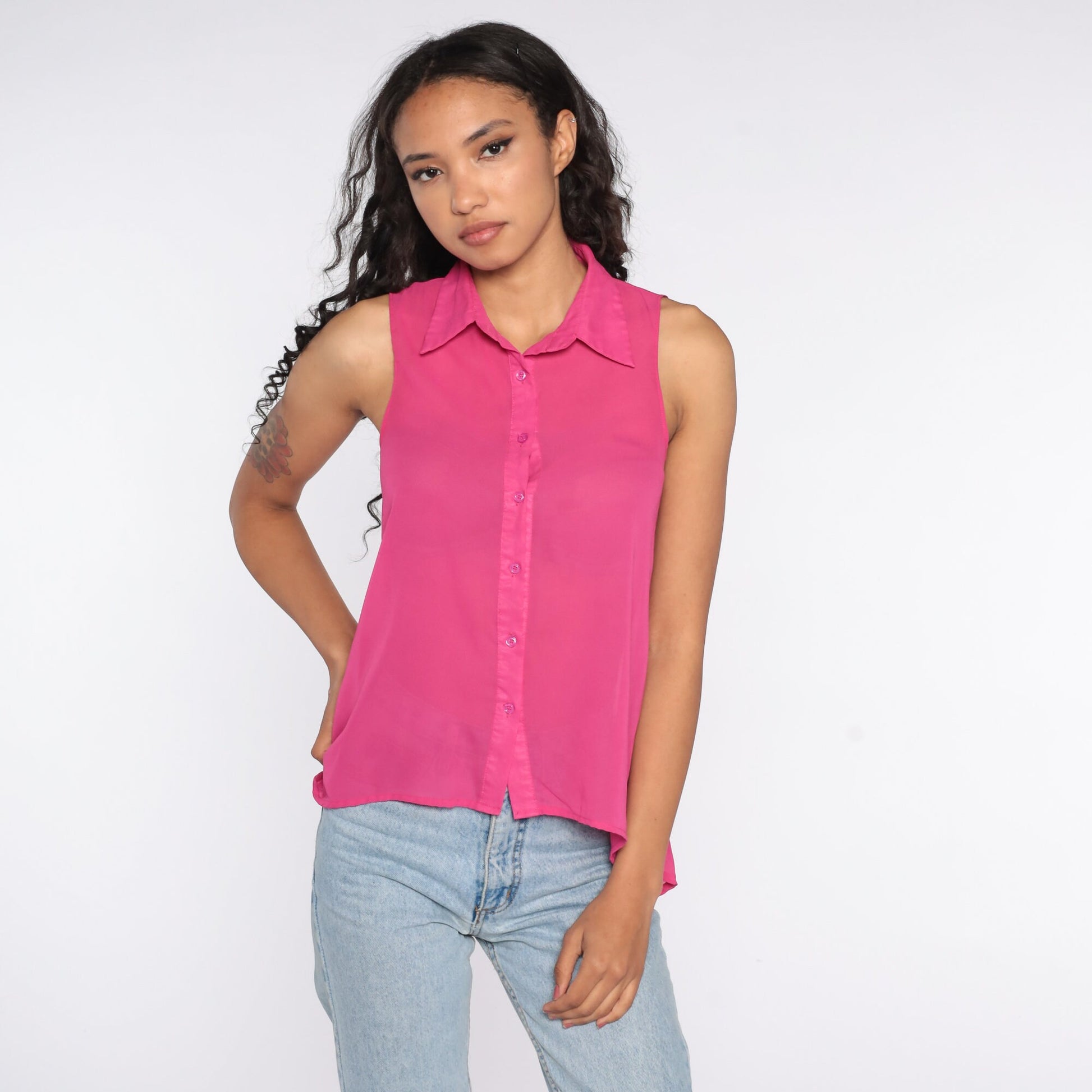 90s Sheer Pink Button-Up Tank Top Sleeveless Blouse Extra Small