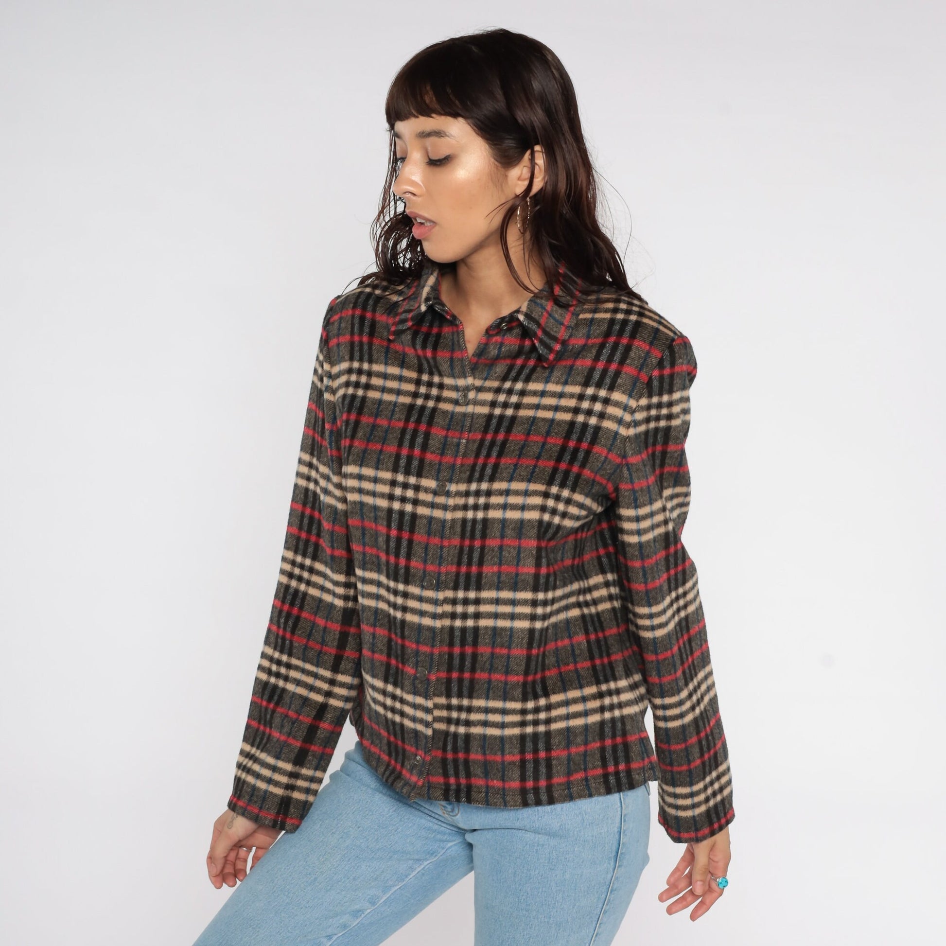 90s Evan Picone Plaid Wool Jacket Red Grey Button Up Medium