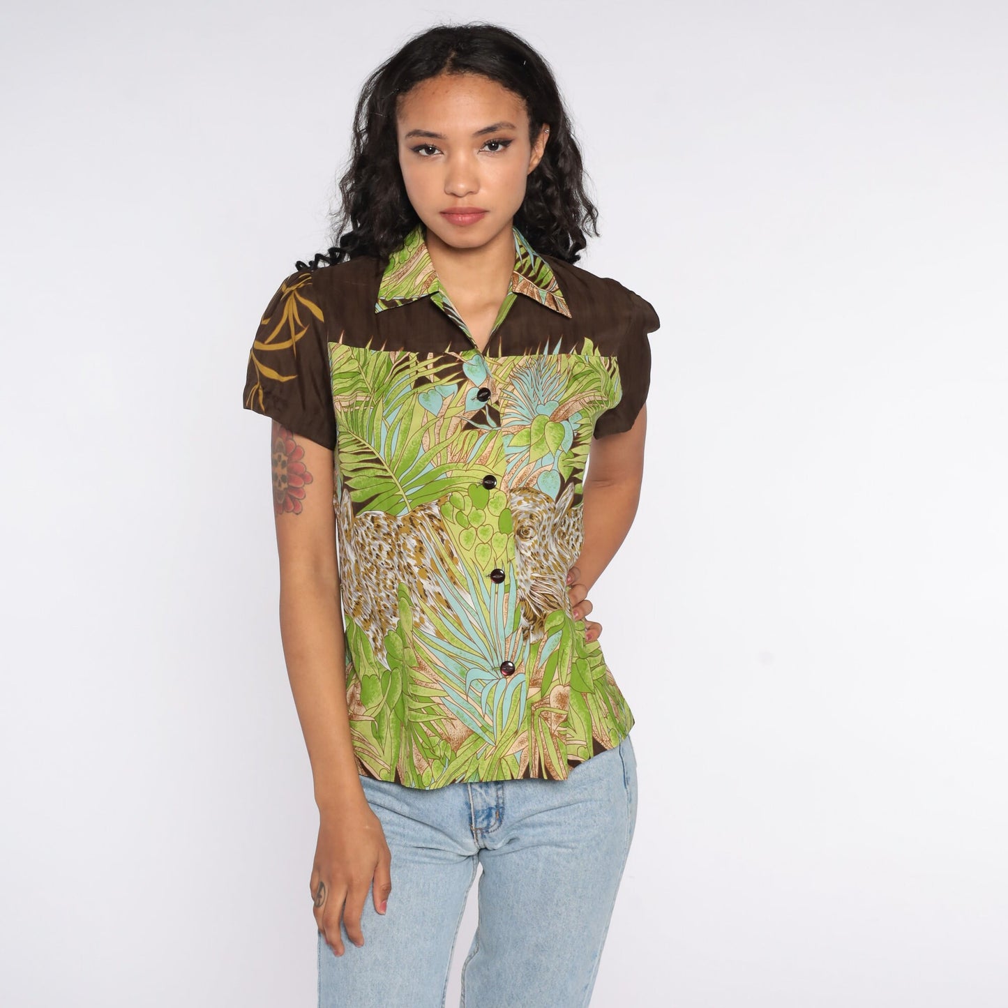 70s Leopard Print Button Up Shirt Puff Sleeve Tropical Blouse Brown Small