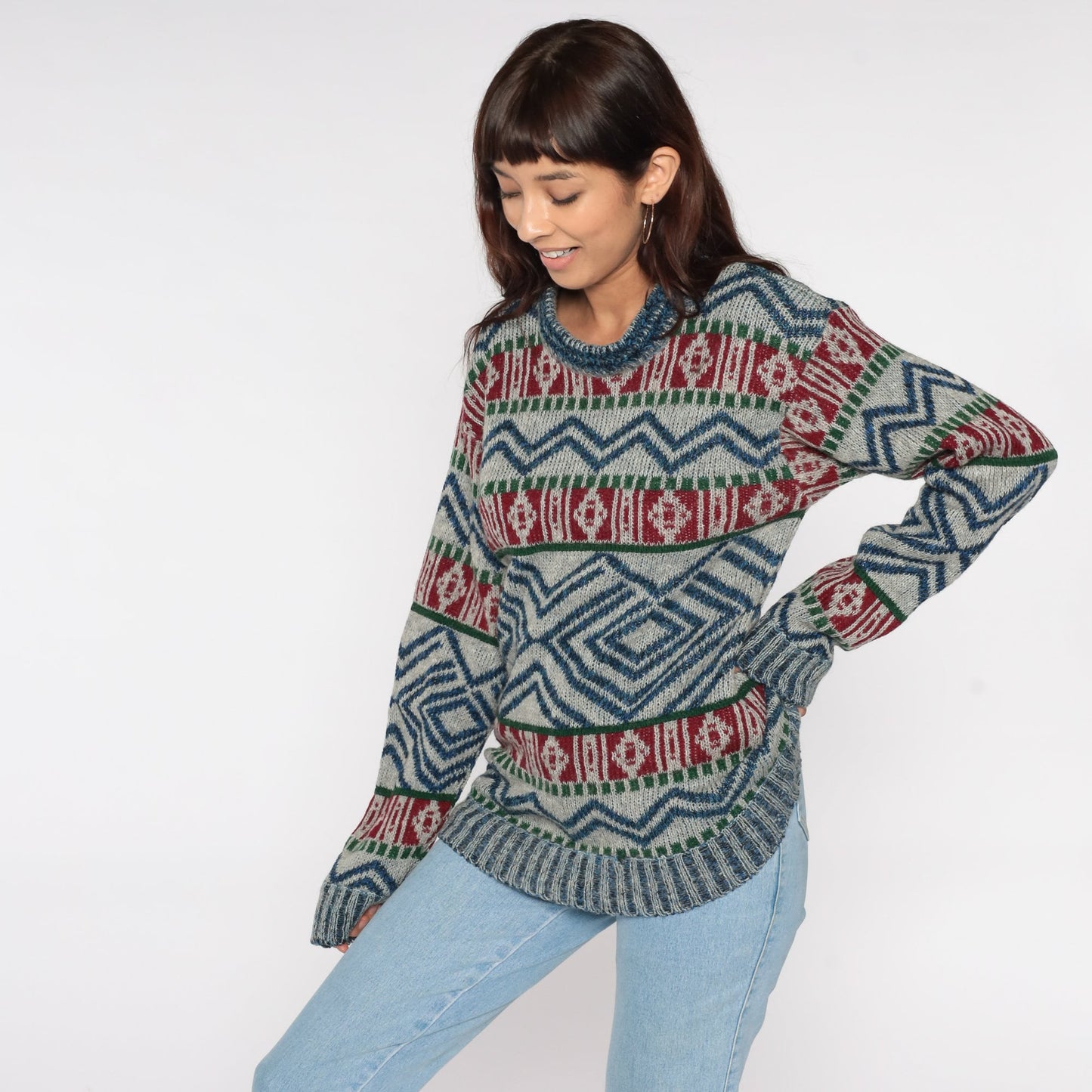 80s Geometric Wool Knit Sweater Grey Blue Red Striped Abstract Small Medium