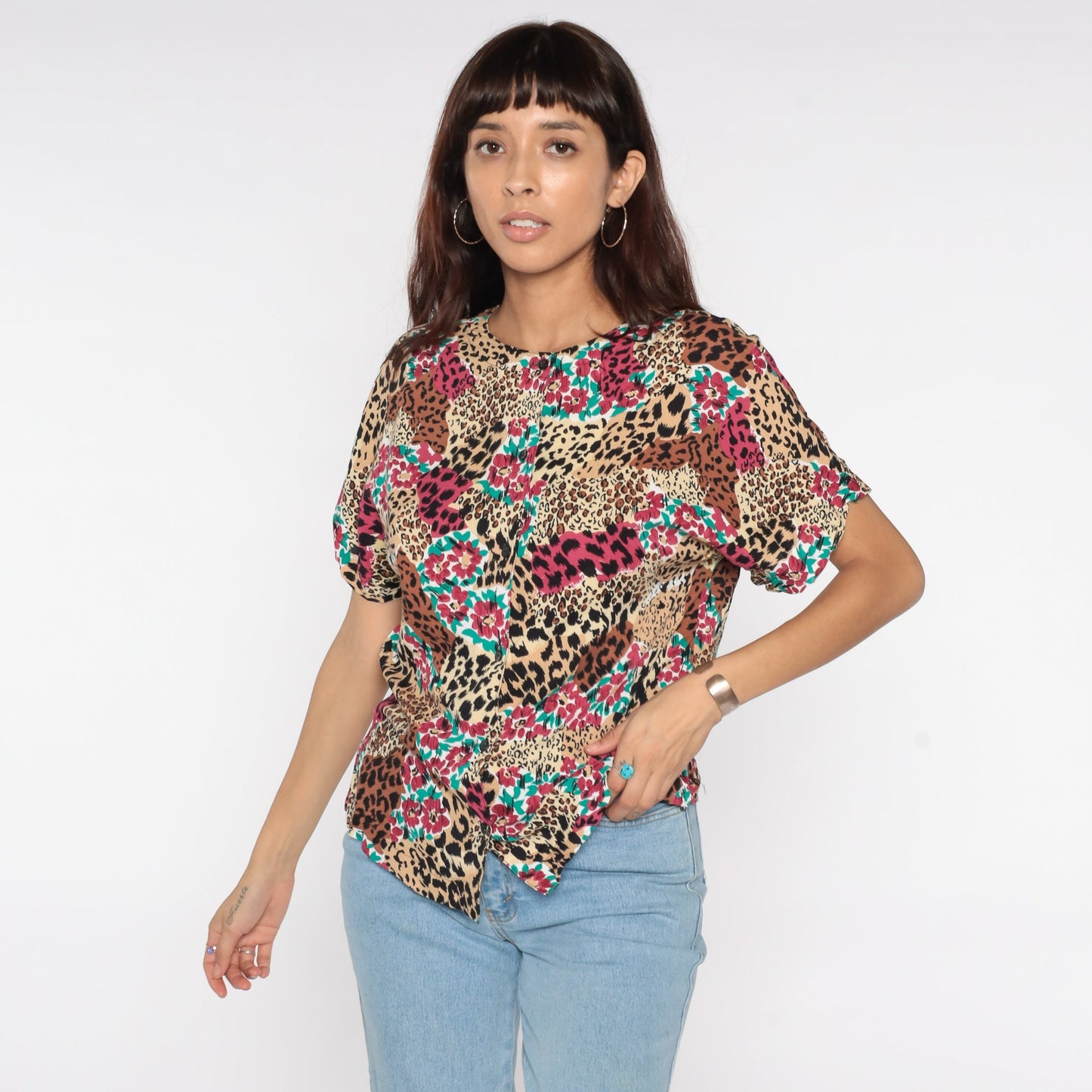 90s Leopard Floral Print Button-Up Blouse Short Sleeve Medium