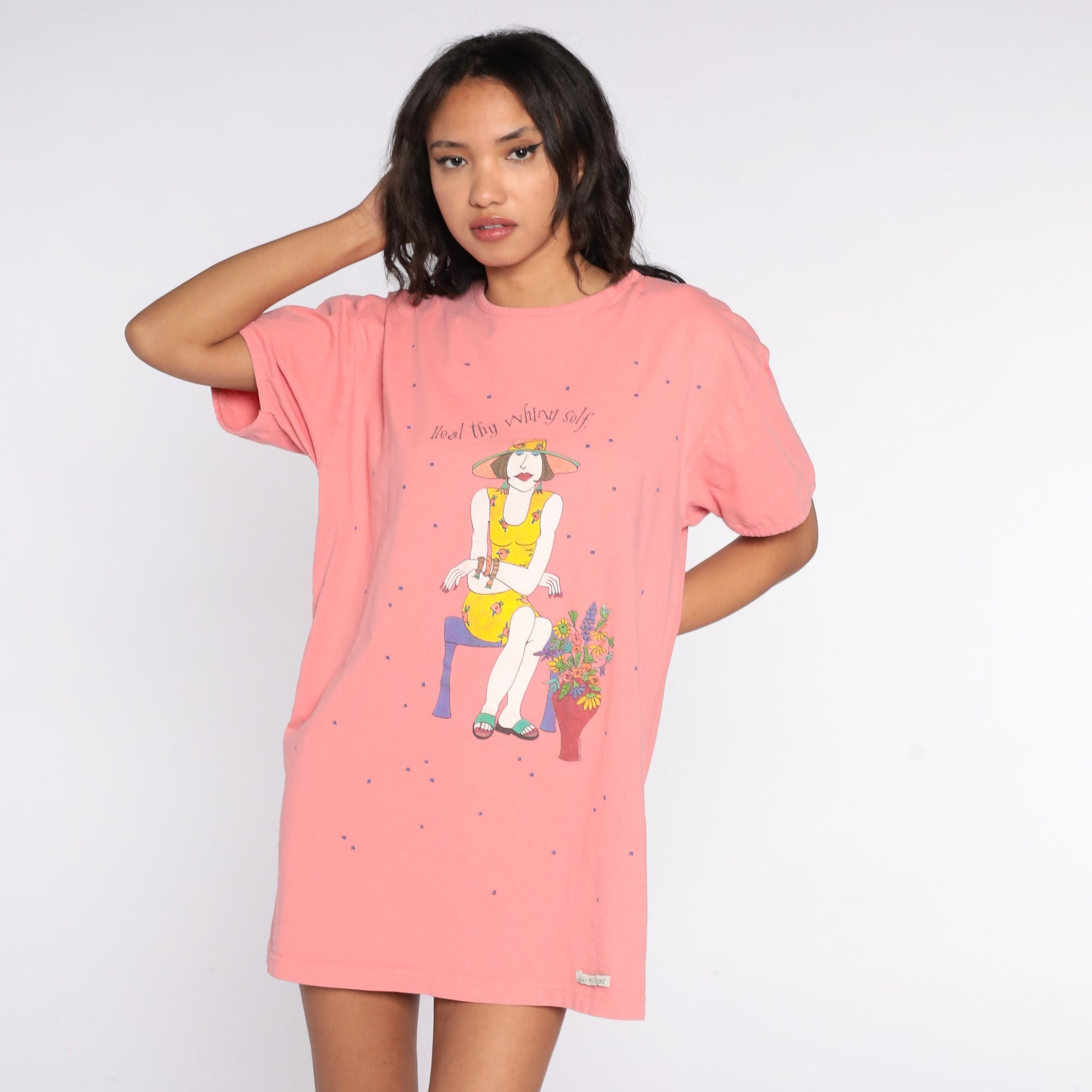 00s Heal Thy Whiny Self Graphic T Shirt Dress Cotton Knee Mini Small