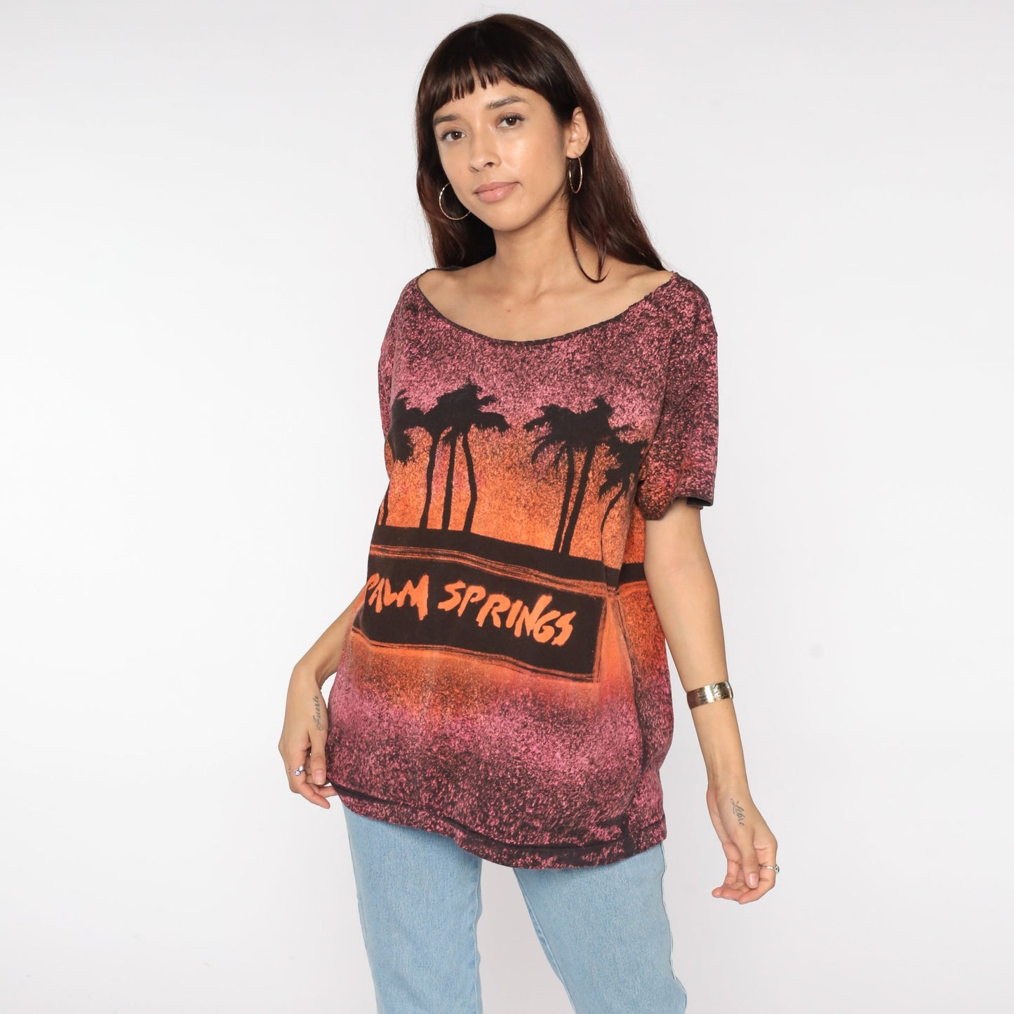 90s Palm Springs California Sunset Graphic T-Shirt Orange Pink Large