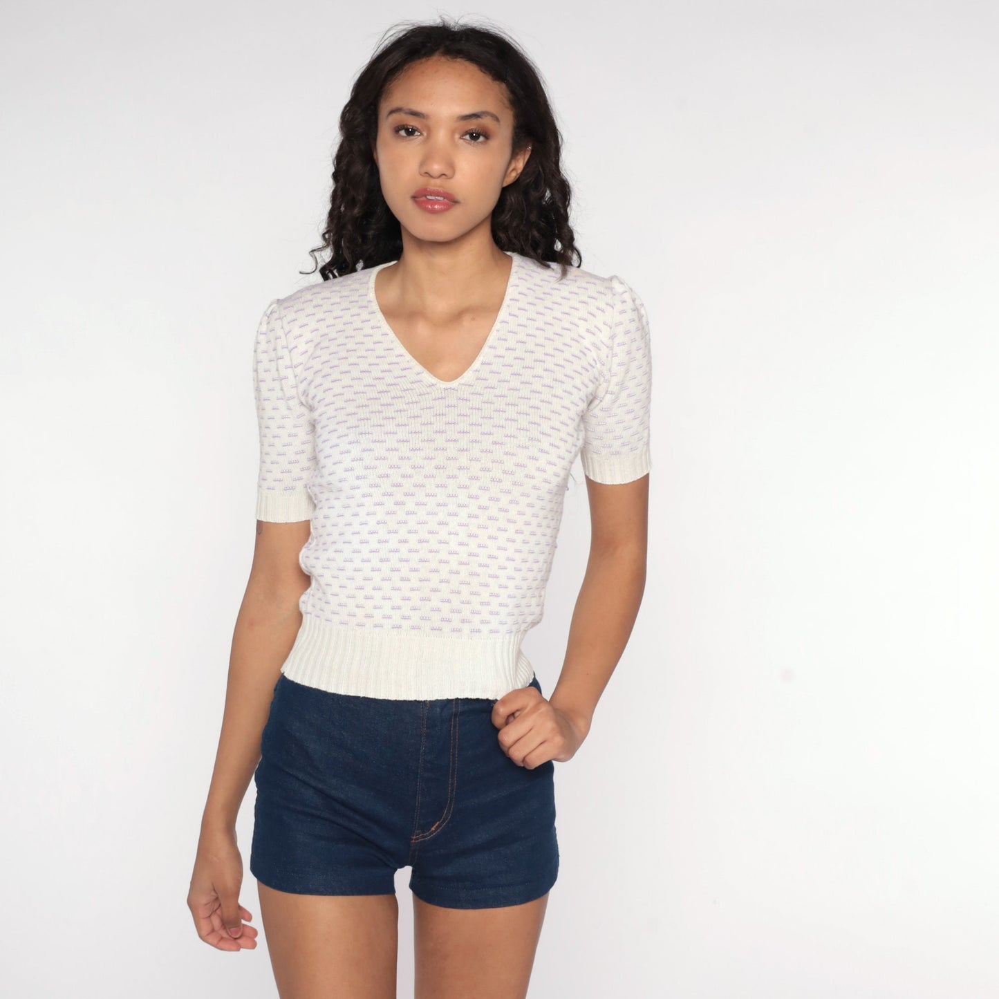 80s White Knit Puff Sleeve Top Cotton Short Sleeve Sweater XXS