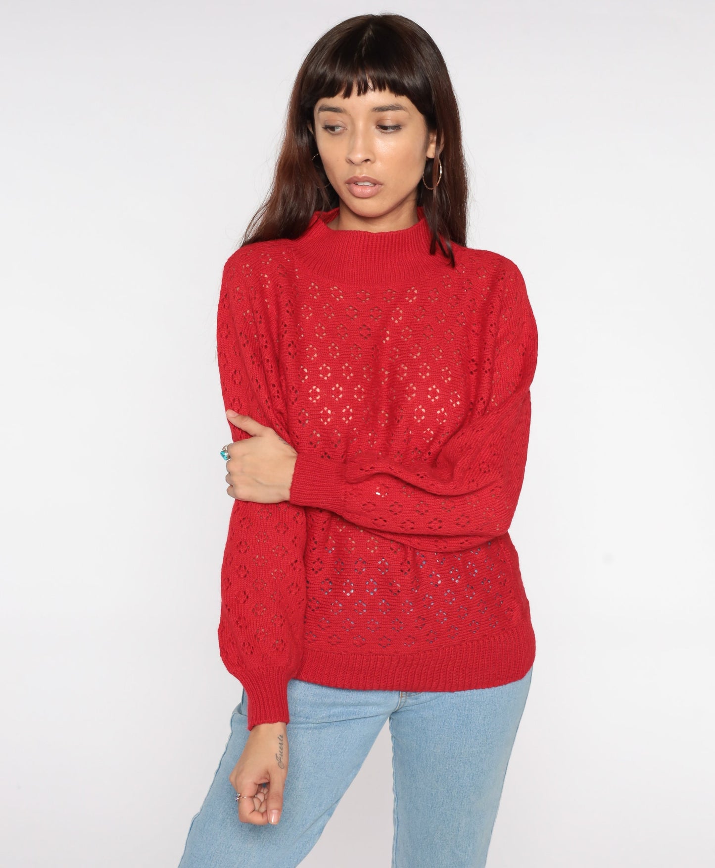 80s Red Crochet Sweater Dolman Sleeve Mock Neck Sheer Knit Medium