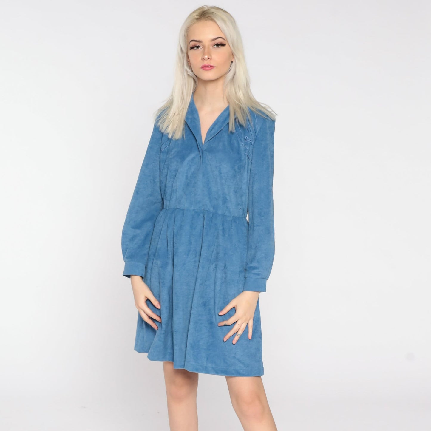 80s Blue Floral Embroidered Mini Shirtdress High Waist Button Up Long Sleeve Medium
