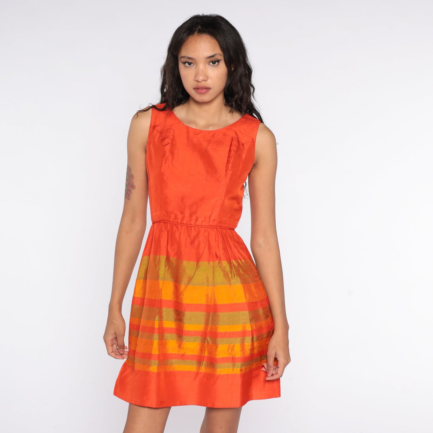 60s Orange Striped Mini Dress High Waist Sleeveless Cocktail Small