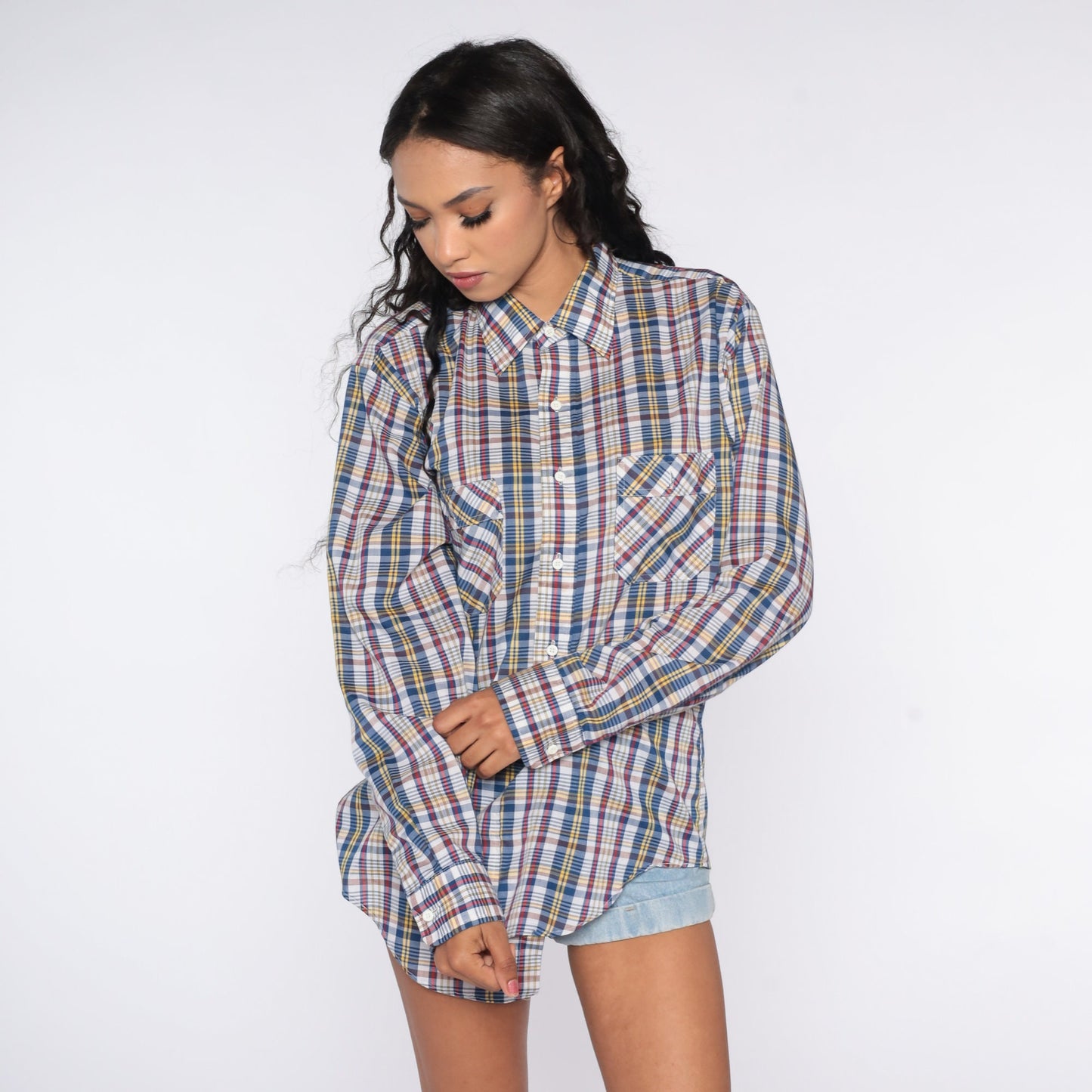 80s Blue Red Plaid Button-Up Shirt Cotton Checkered Oxford Large